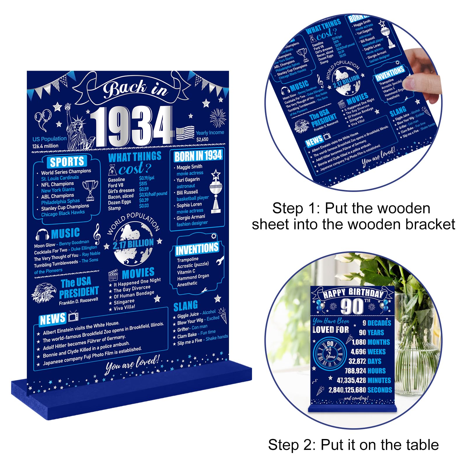 90Th Birthday Decorations Back In 1934 Table Sign For Boys, Blue Silver 90 Birthday Two-Sided Wooden Table Poster With Stand Par
