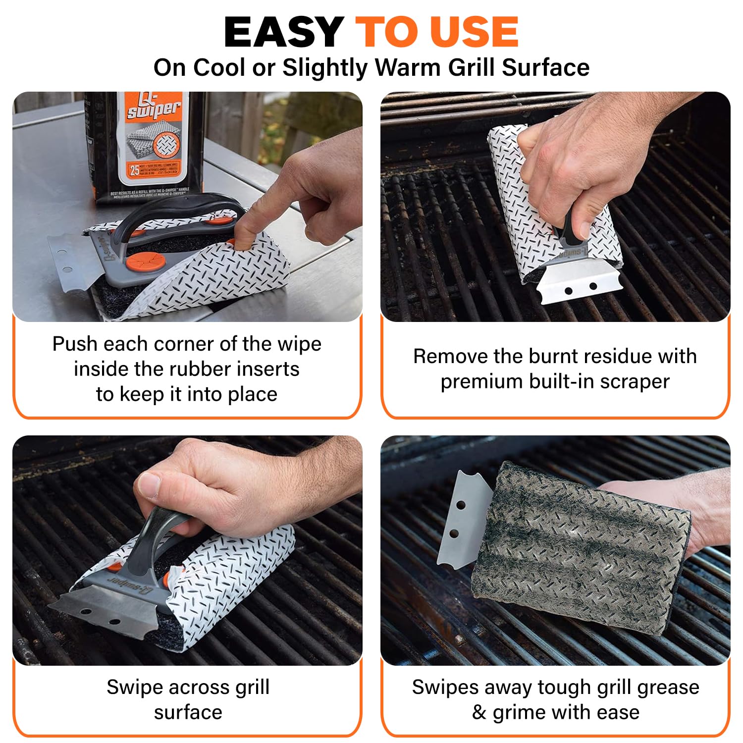 Q-Swiper Bbq Grill Cleaner Set - 1 Grill Brush With Scraper And 25 Bbq Grill Cleaning Wipes | No Bristles & Wire Free | Safe Way