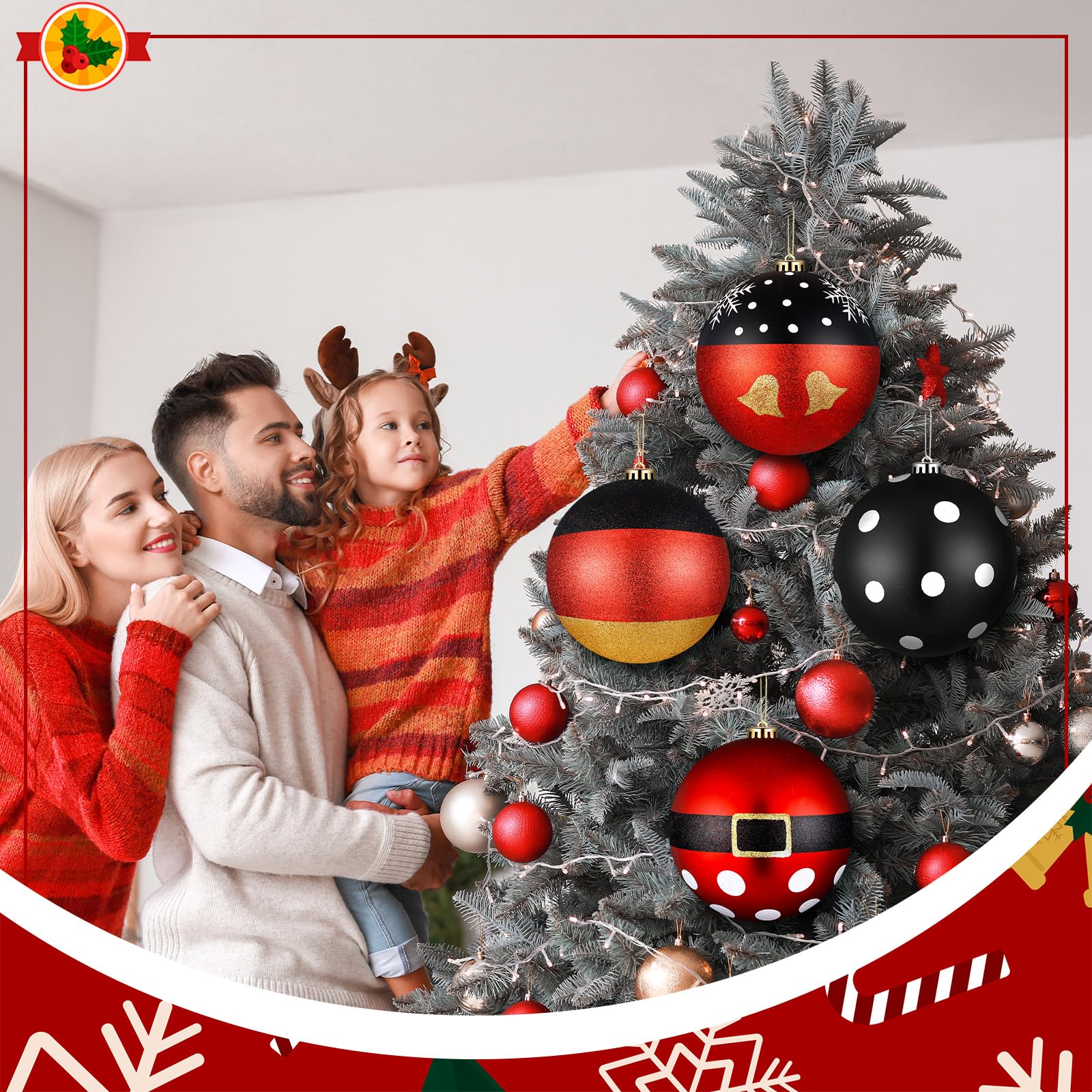 Tigeen 4 Pcs 6'' Large Mouse Christmas Ball Ornaments Extra Large Red Black Yellow Bell Hanging Ornaments 150mm Glitter Winter M