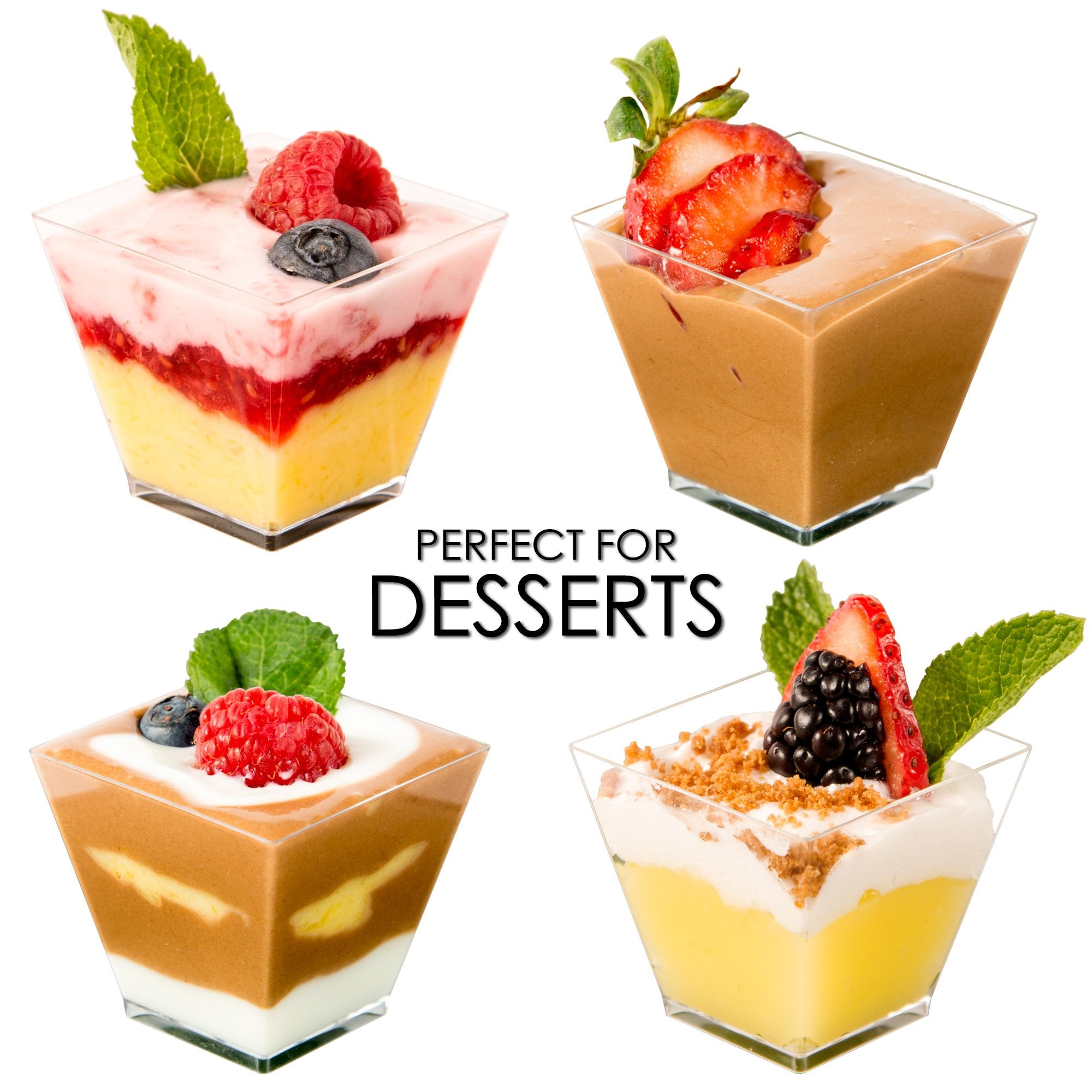 Dlux 100 X 2Oz Square Mini Dessert Cups (No Spoons), Clear Plastic Parfait Appetizer Cup - Small Reusable Serving Bowl For Tasti