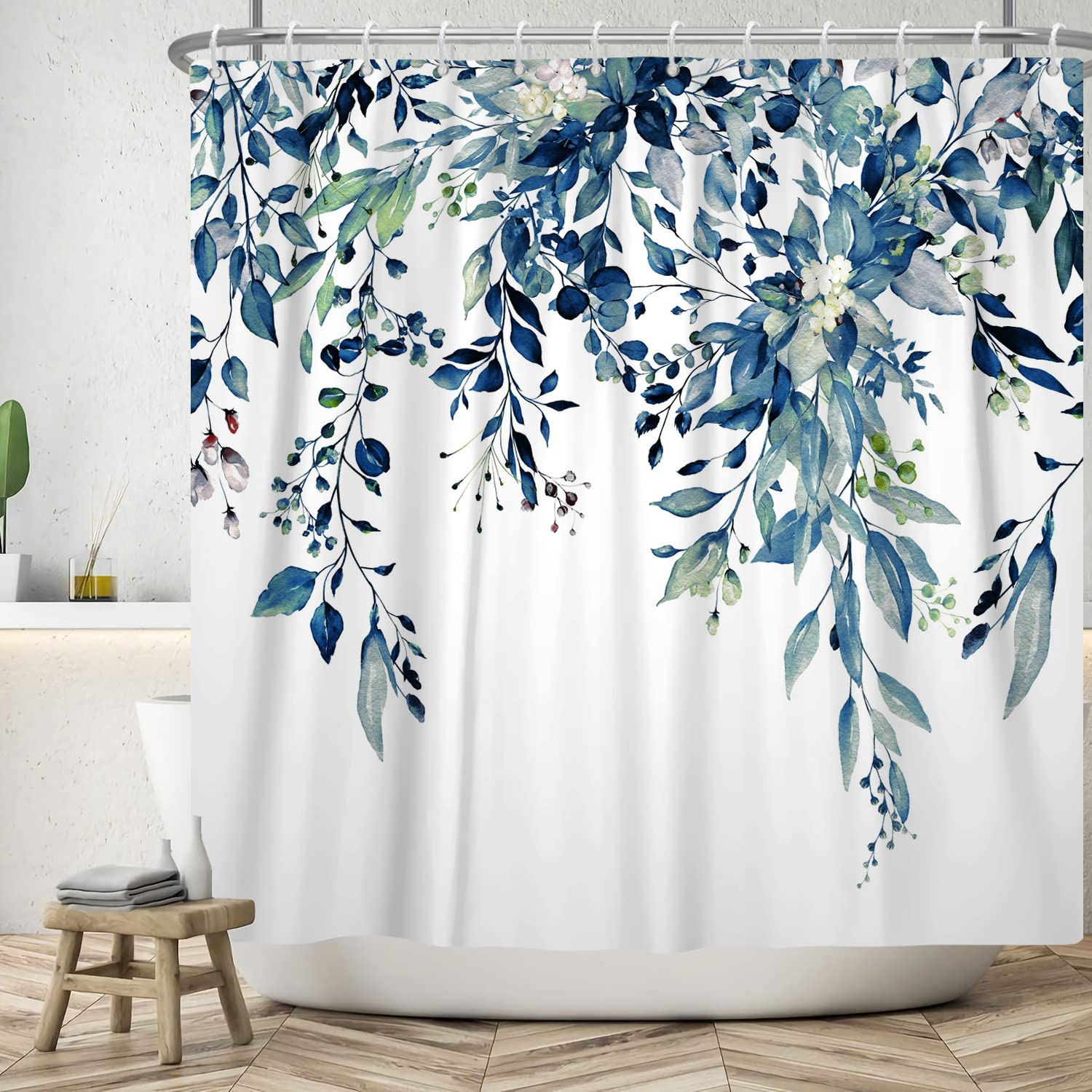 Yeele Blue Leaves Long Fabric Shower Curtain Watercolor Floral Leaf Wide Bath Curtain Farmhouse Plant Wildflower Stall Size Show