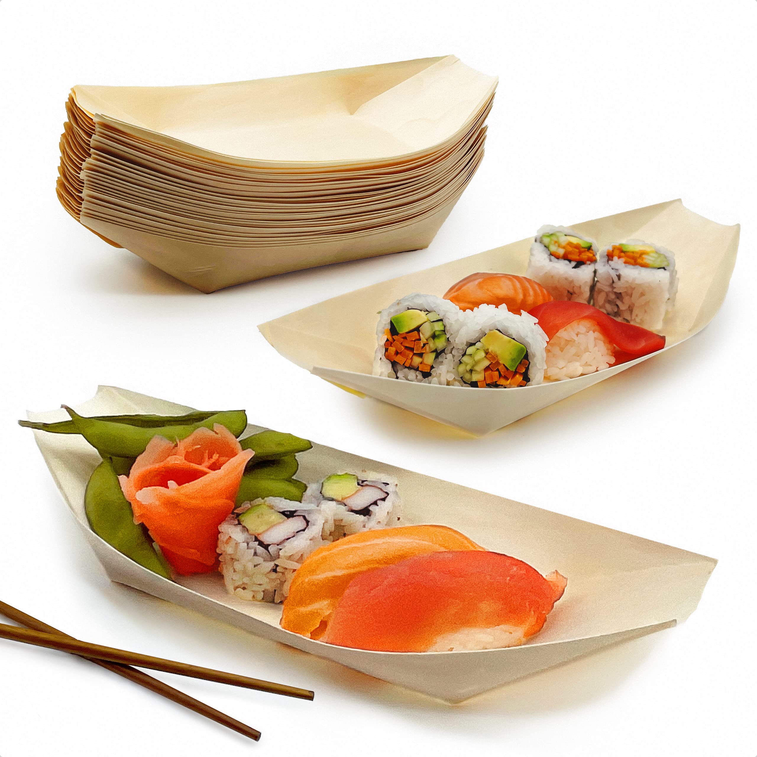 50 Pk Extra Large 10 Biodegradable Sushi Boats. 100% Disposable Appetizer Plates. Compostable Natural Wood Food Trays. Sturdy Po