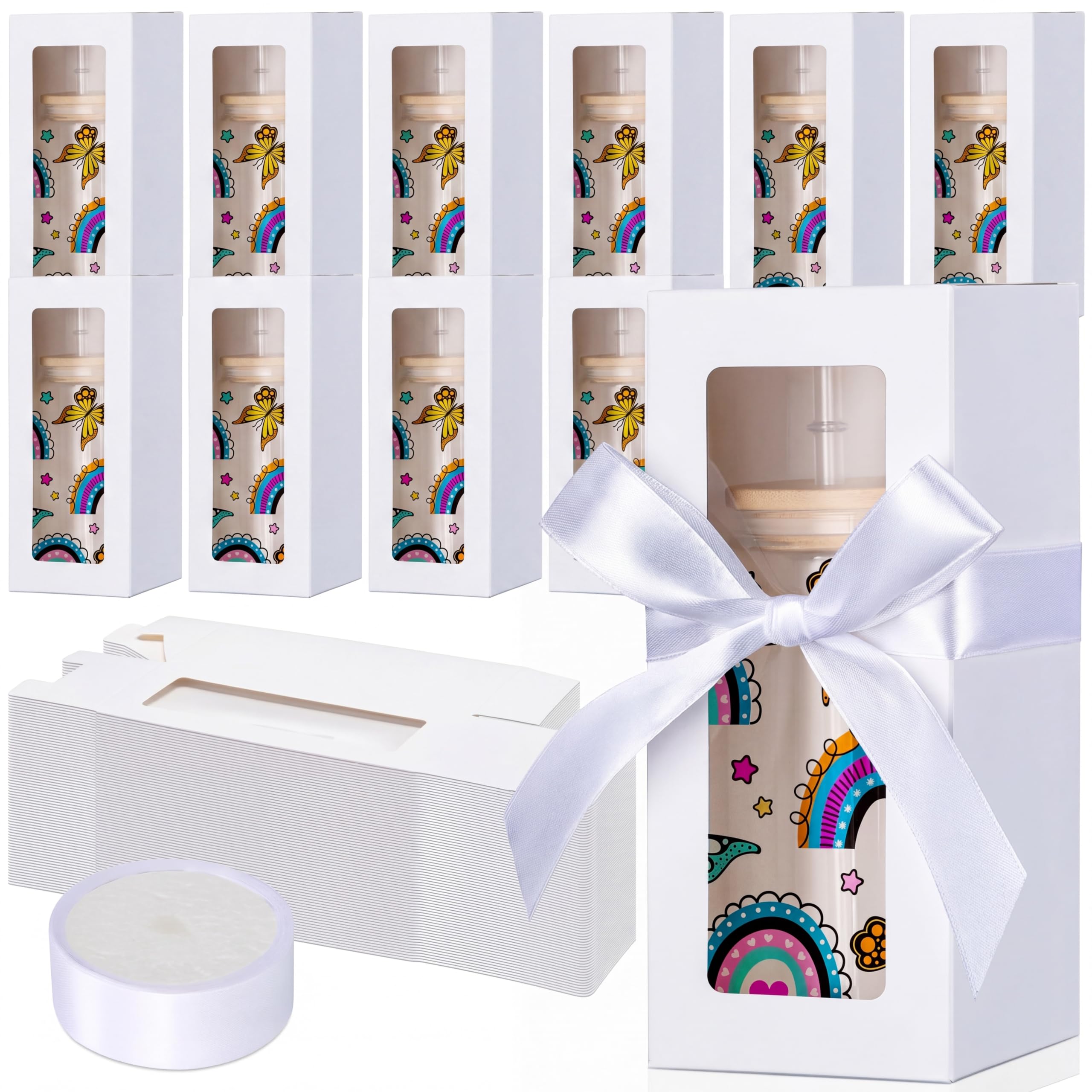 FillTouch 30 Pcs White Gift Boxes with Ribbon for Sublimation Glass Exhibition Transparent Tumbler Gift Boxes for 12oz 16oz 20oz