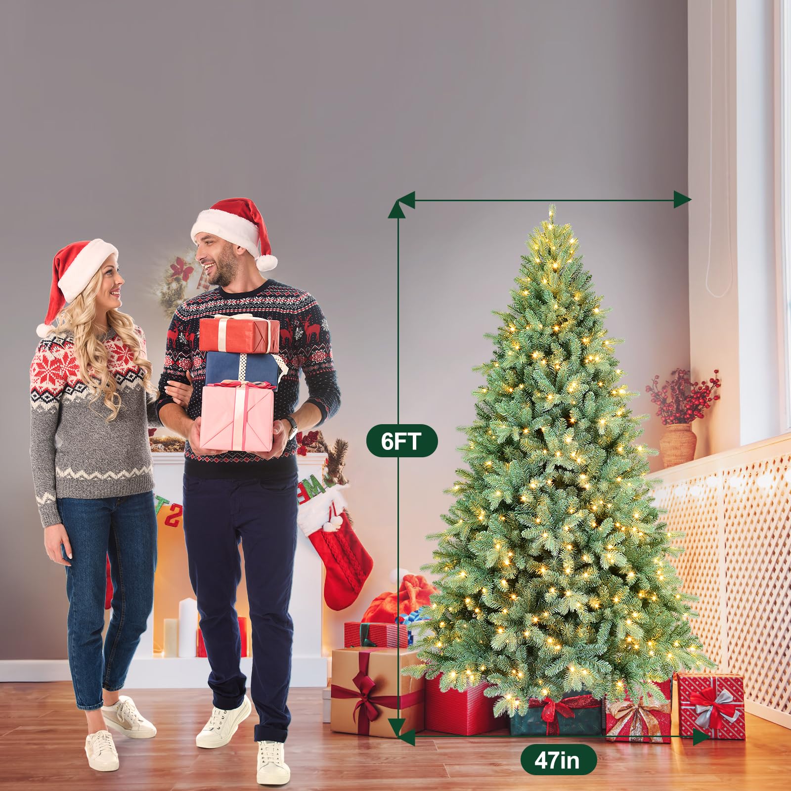 Bulexwish 6ft Prelit Artificial Christmas Tree, Blue Spruce Xmas Tree with Lights & Easy Setup Hinged Design, Realistic PE/PVC N