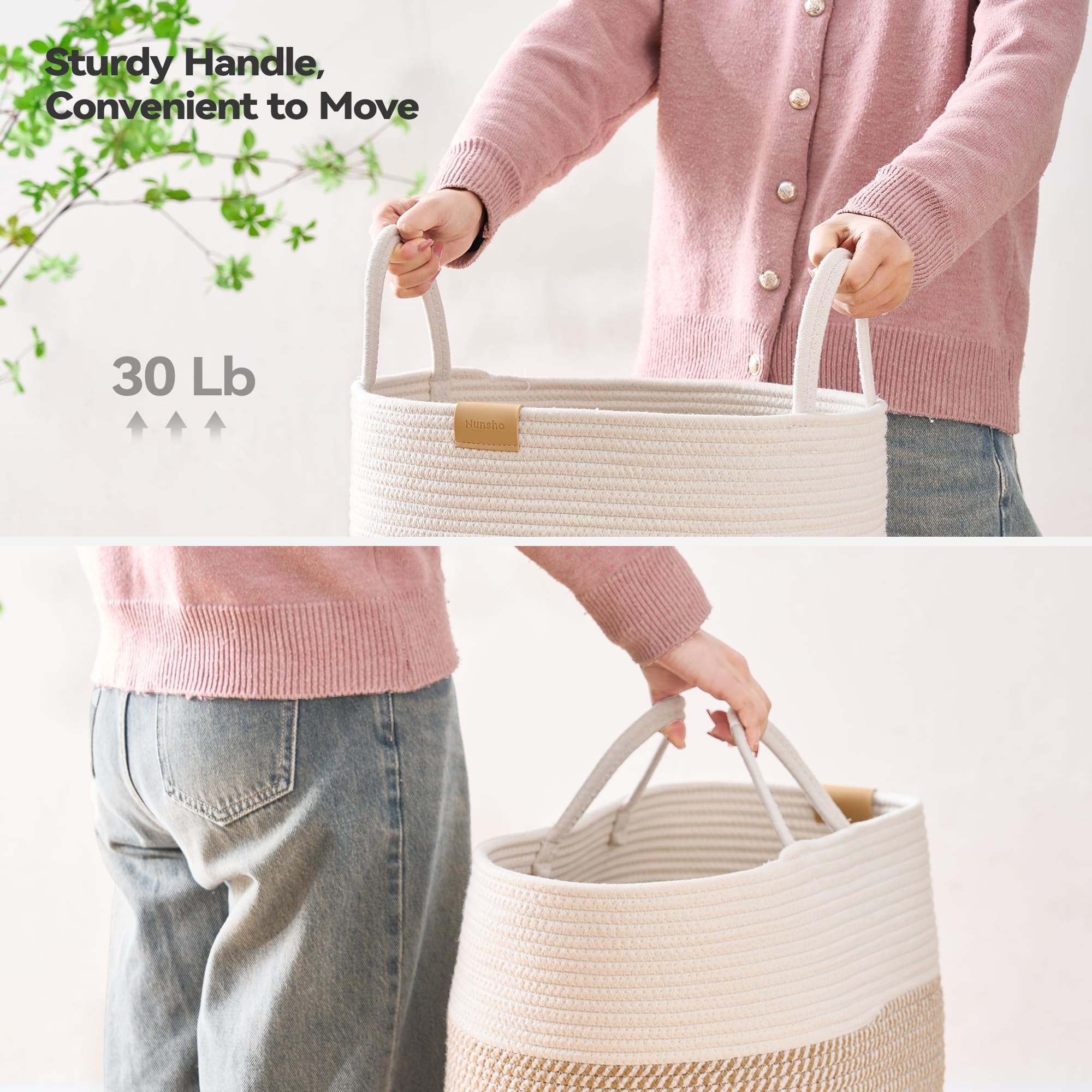 Nunsino 75L Laundry Hamper Basket,Baby Nursery Woven Storage Basket For Toys Bin,Pillows,Blankets,Clothes,Brown&White