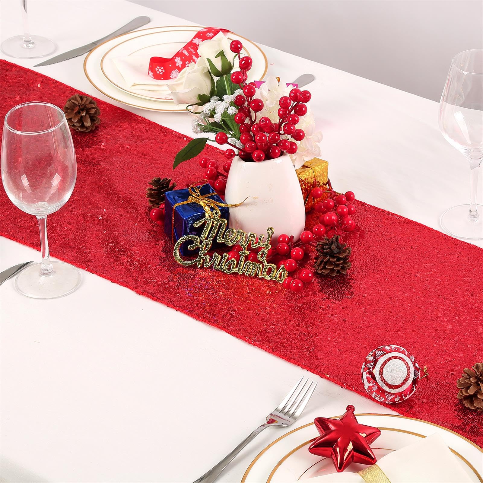 B-Cool Red Christmas Table Runner Sequin Metallic Table Runner 12 Pack 12X72 Inches Glitter Sparkly Table Runner For Halloween H