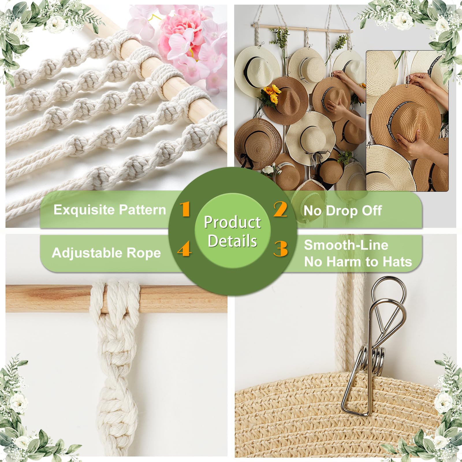Hydermus Hat Rack For Wall 31X53 In Hat Organizer With 15 Clips Hanging Macrame Hat Hangers For Wide Brimmed Hat Display Women H