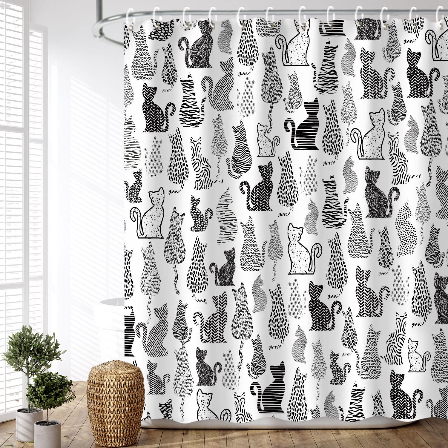 Livilan Cat Shower Curtain For Bathroom Cute Shower Curtain With 12 Hooks Kitten Animal Decorative Black And White Fabric Bath C