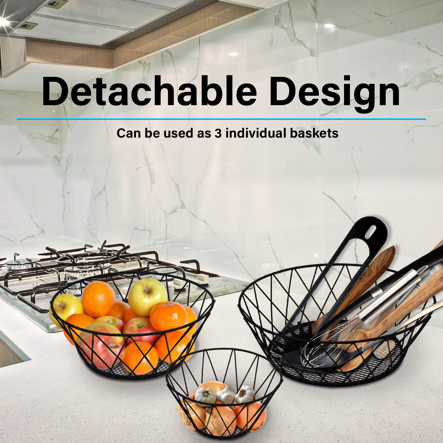 Blue Donuts Heavy Duty 3 Tier Hanging Kitchen Fruit Basket, Black, Standard Size, Iron Construction, Model BDHBBLK
