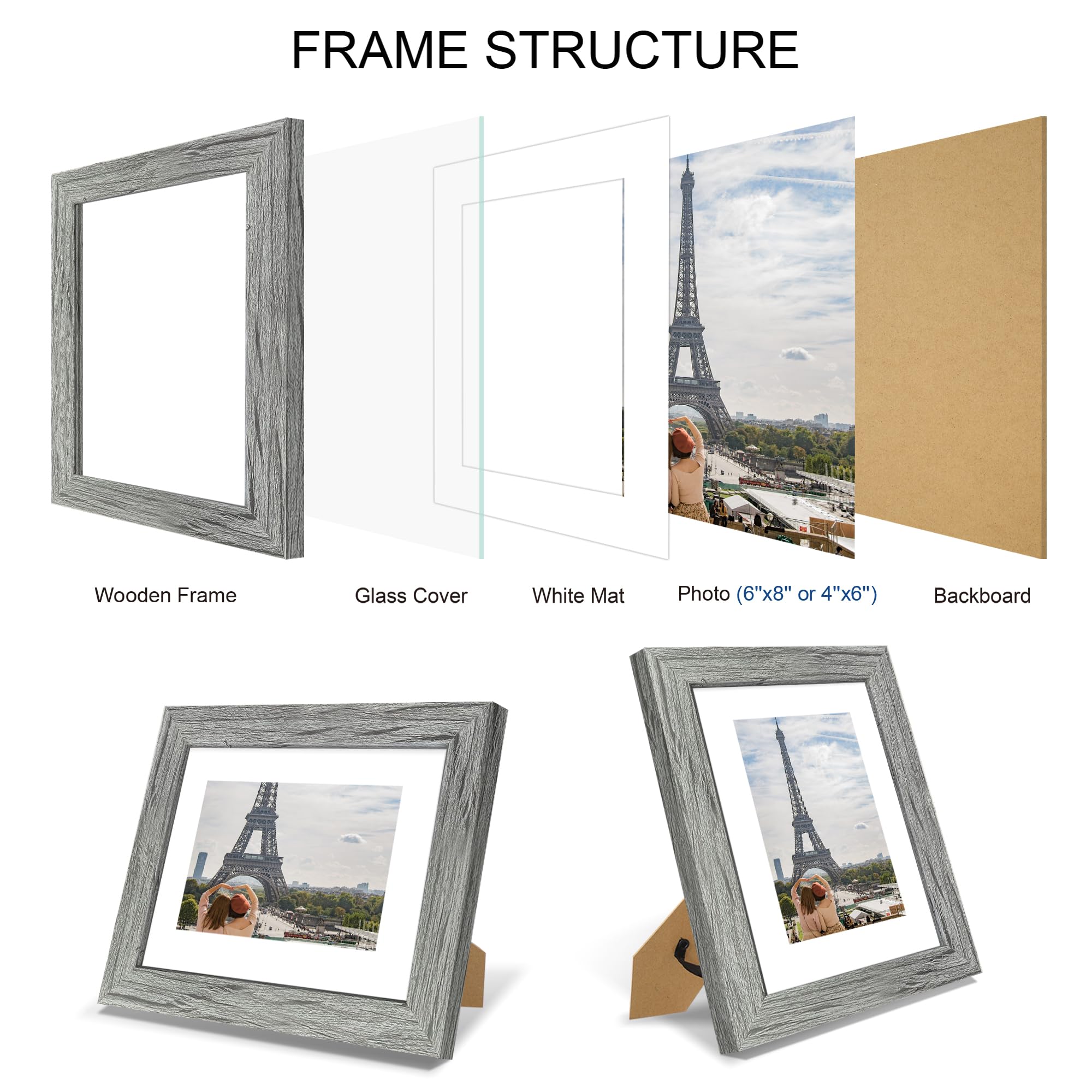 Hongkee 6x8 Picture Frame Set of 4, Made of Real Glass and Grey Frame - Display Picture 4x6 with Mat or 6x8 Without Mat, 6 by 8