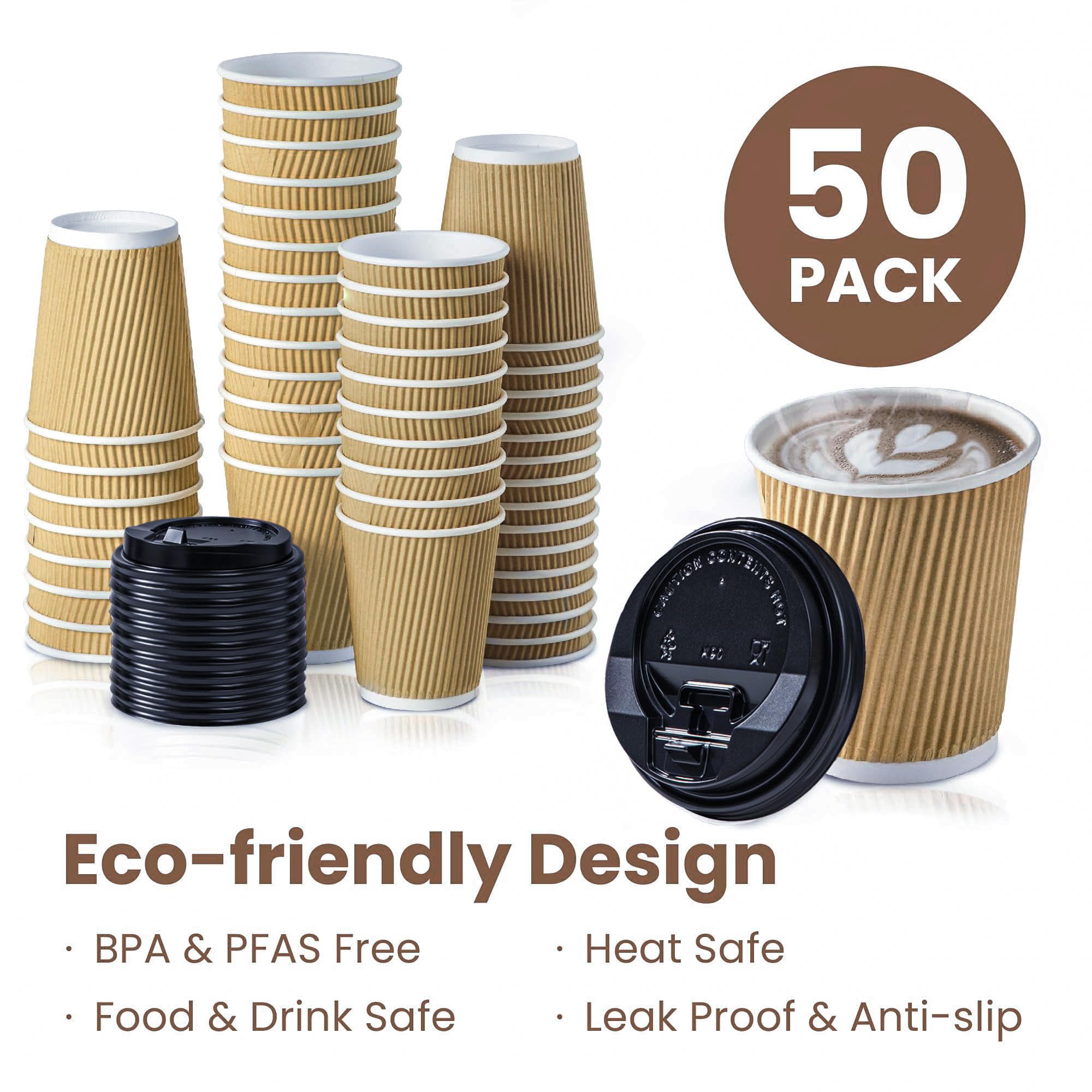 Fit Meal Prep [50 Pack] Disposable Hot Cups with Lids - 8 oz Brown Double Wall Insulated Ripple Sleeves Coffee Cups with Black Dome Lid - Kraft Paper Cup for To Go Chocolate  Tea  and Cocoa Drinks
