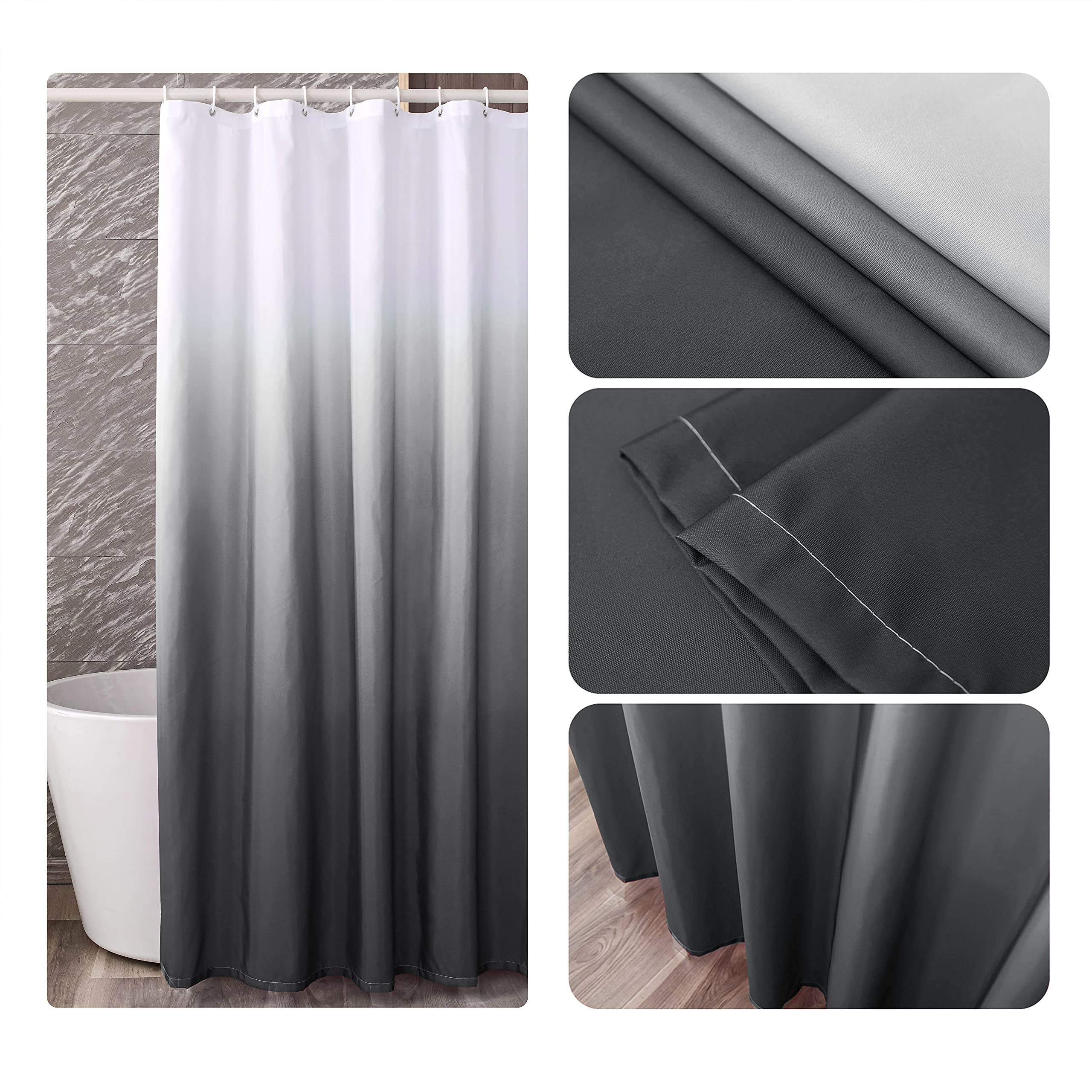 YI & ZE Black Ombre Shower Curtain Sets for Bathroom Accessories Fabric Polyester Waterproof Modern Shower Curtain Liner with 12 Hooks W72xL72