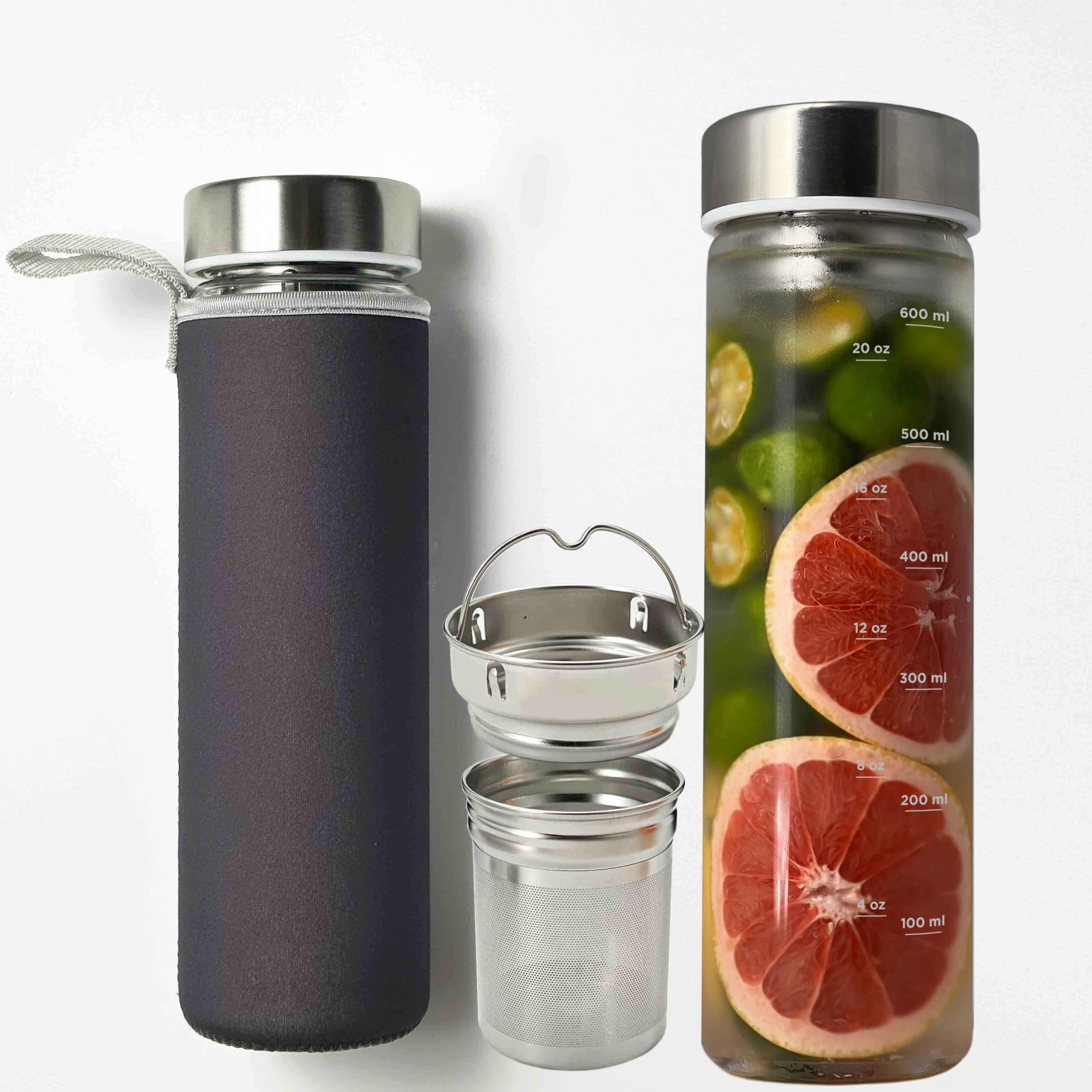 ameiin 23oz Borosilicate Glass Water Bottles with Stainless Steel Lid  Cold Brew Bottle  Tea Infuser Bottle with Strainer  Gl