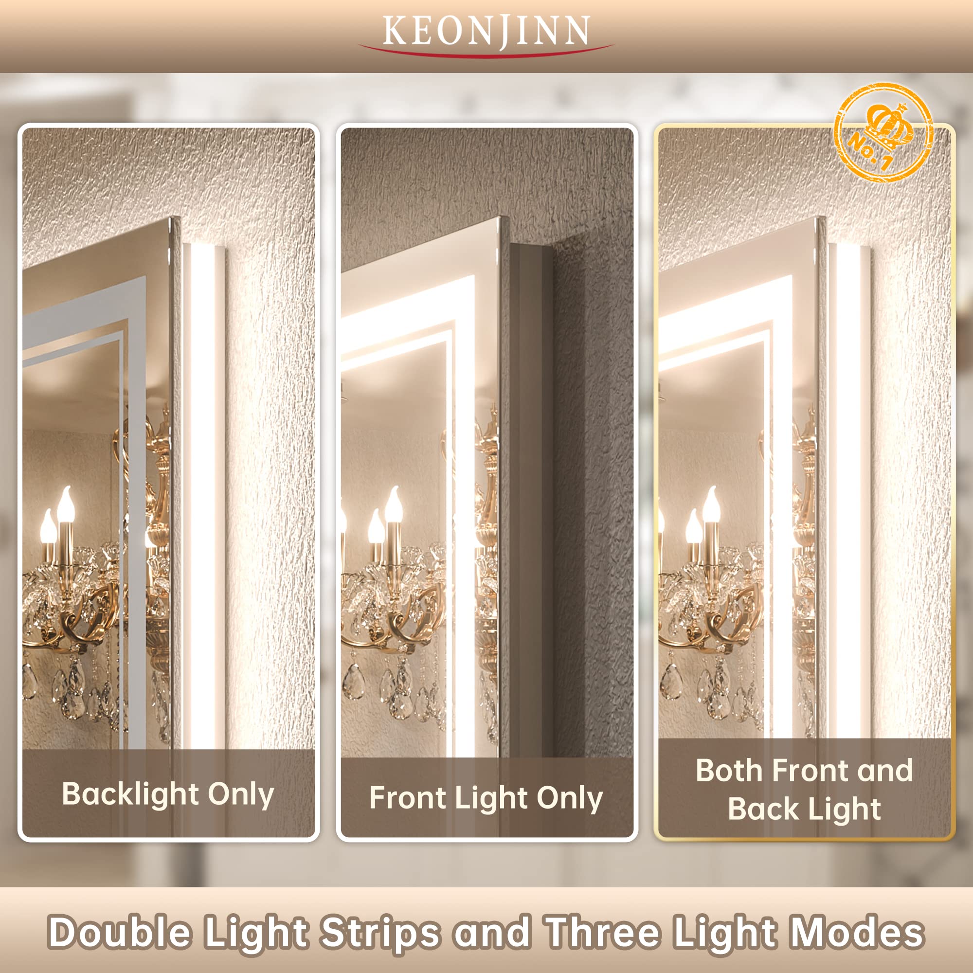 Keonjinn Led Bathroom Mirror 24'' X 36'' With Front And Backlight, Stepless 3 Colors Temperature & Dimmable Backlit Mirror, Ul L