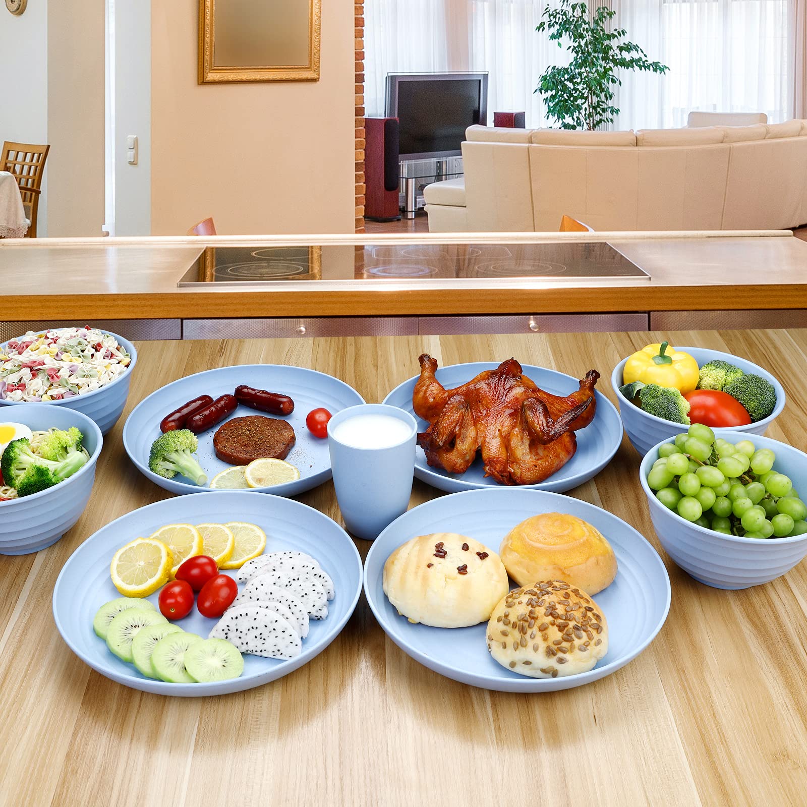 12Pcs Plastic Wheat Straw Dinnerware Sets Service For 4, Cups, Plates And Bowls Sets Microwave Dishwasher Safe Lightweight