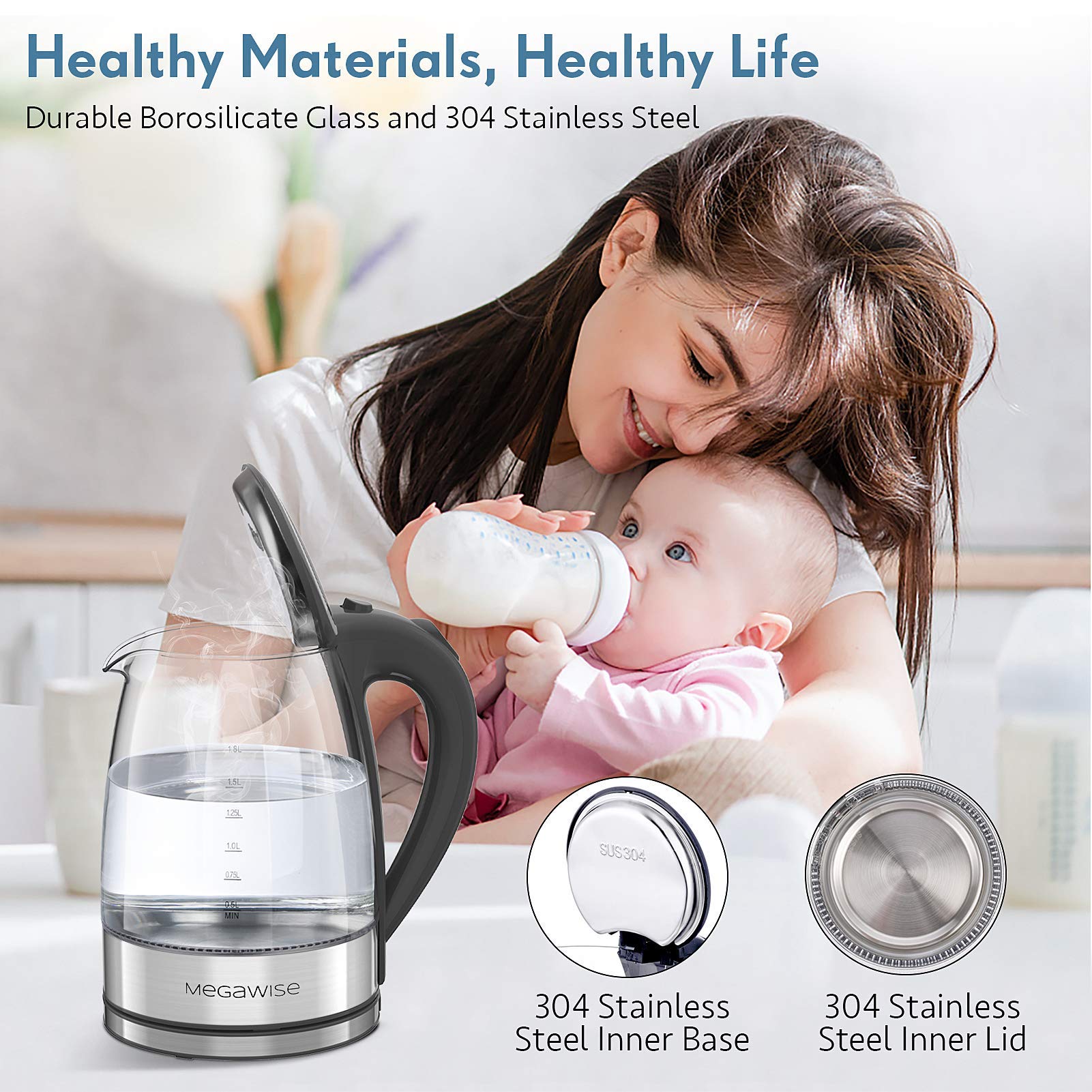 Megawise Electric Kettle, 1.8L Borosilicate Glass Tea Kettle With Led Light, Auto Shut-Off And Boil-Dry Protection Cordless Kett