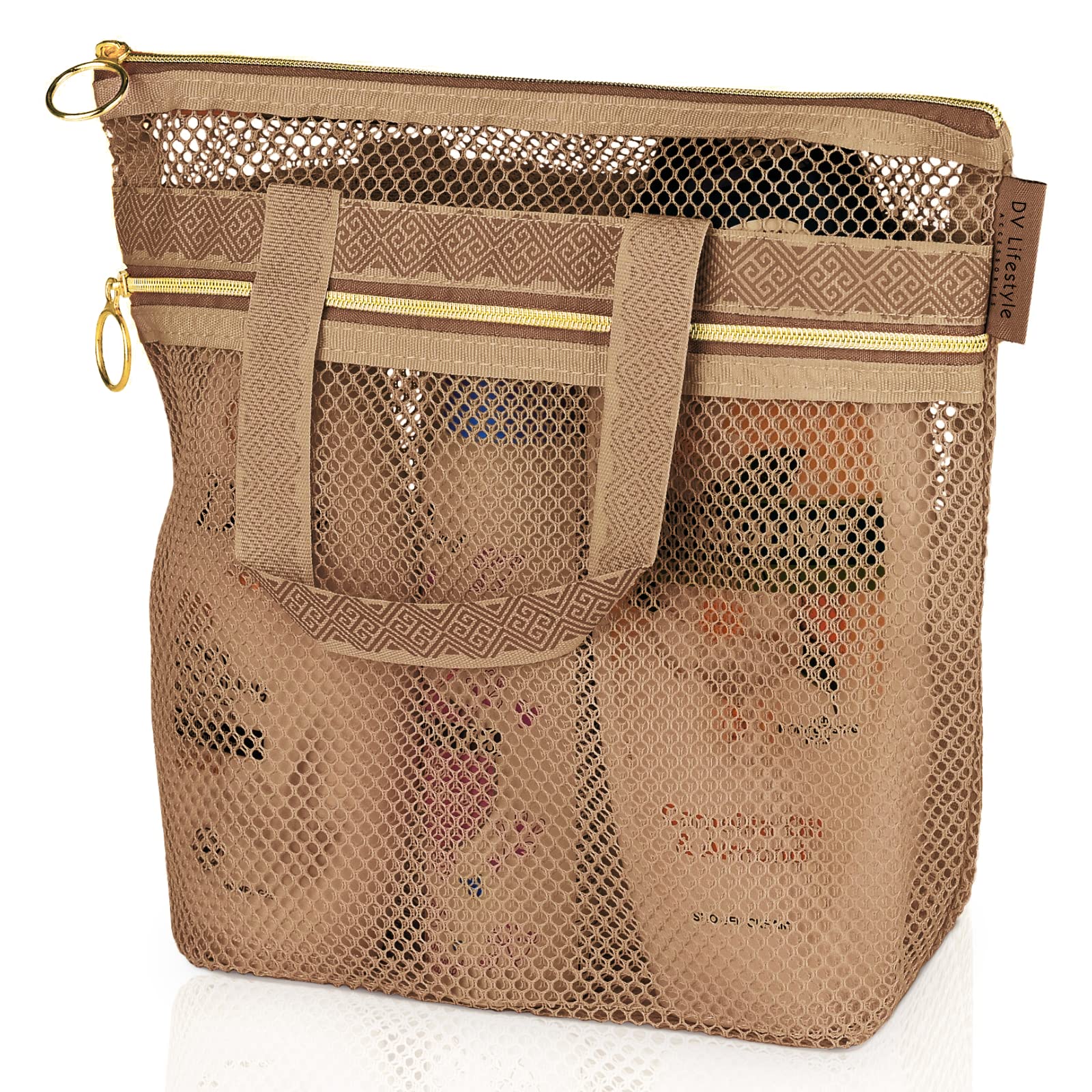 DV Lifestyle Mesh Shower Bag 10.2x9.9 Quick-Dry Caddy with Zipper & 2 Pockets. Portable Toiletry Tote for Bathroom, Gym, Trave