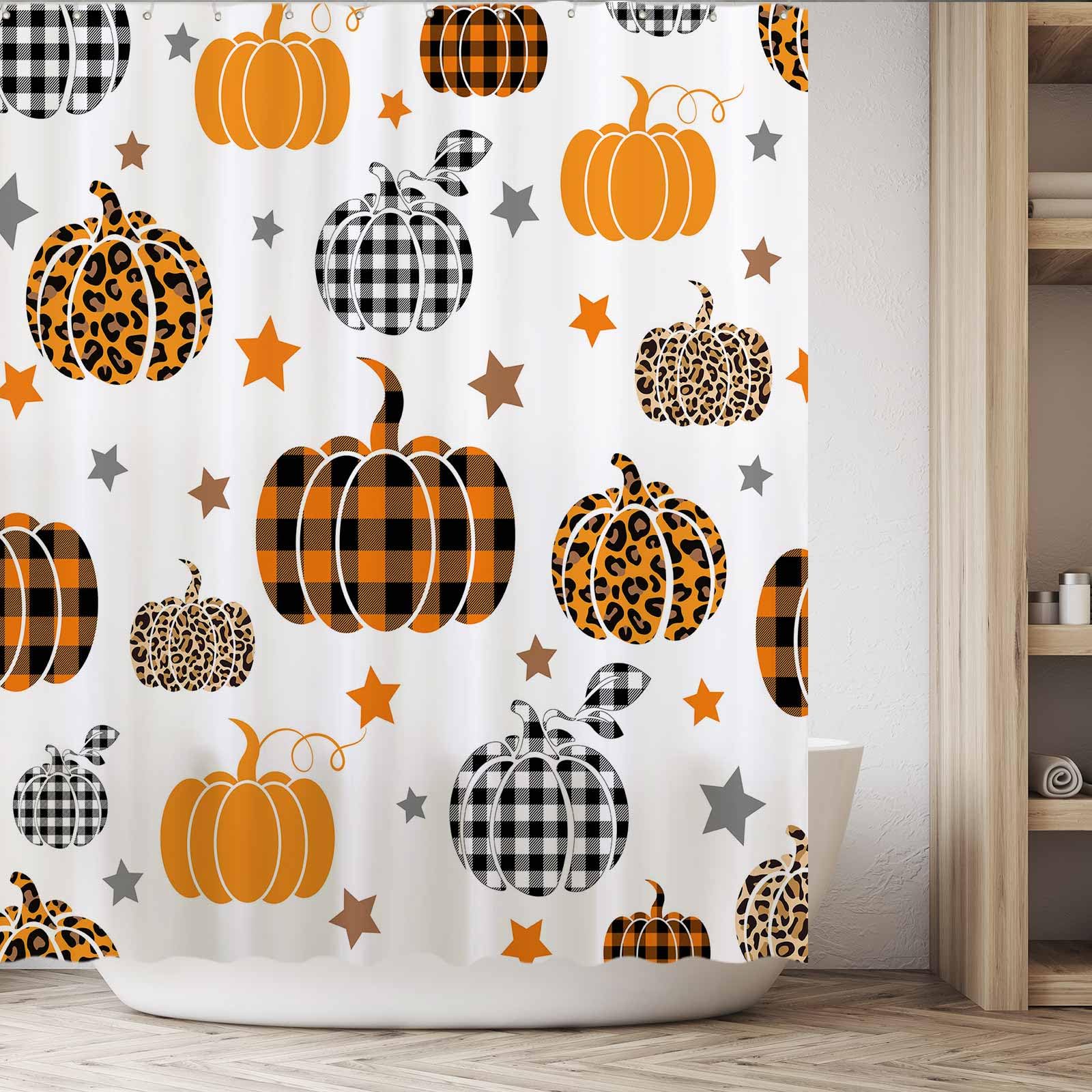 Funnytree 72''X72'' Autumn Pumpkin Fall Halloween Thanksgiving Harvest Buffalo Check Farmhouse Shower Curtain For Bathroom Decor
