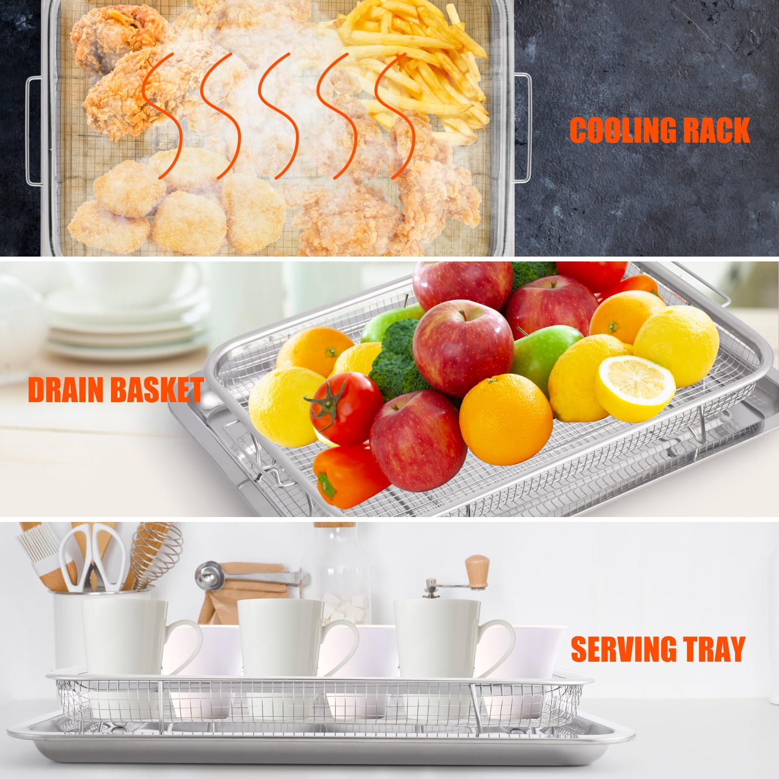 Air Fryer Basket For Oven, 15.7''X11.8''Extra Large Air Fryer Basket And Tray Stainless Steel Oven Air Fryer Pan Rack For Cookin