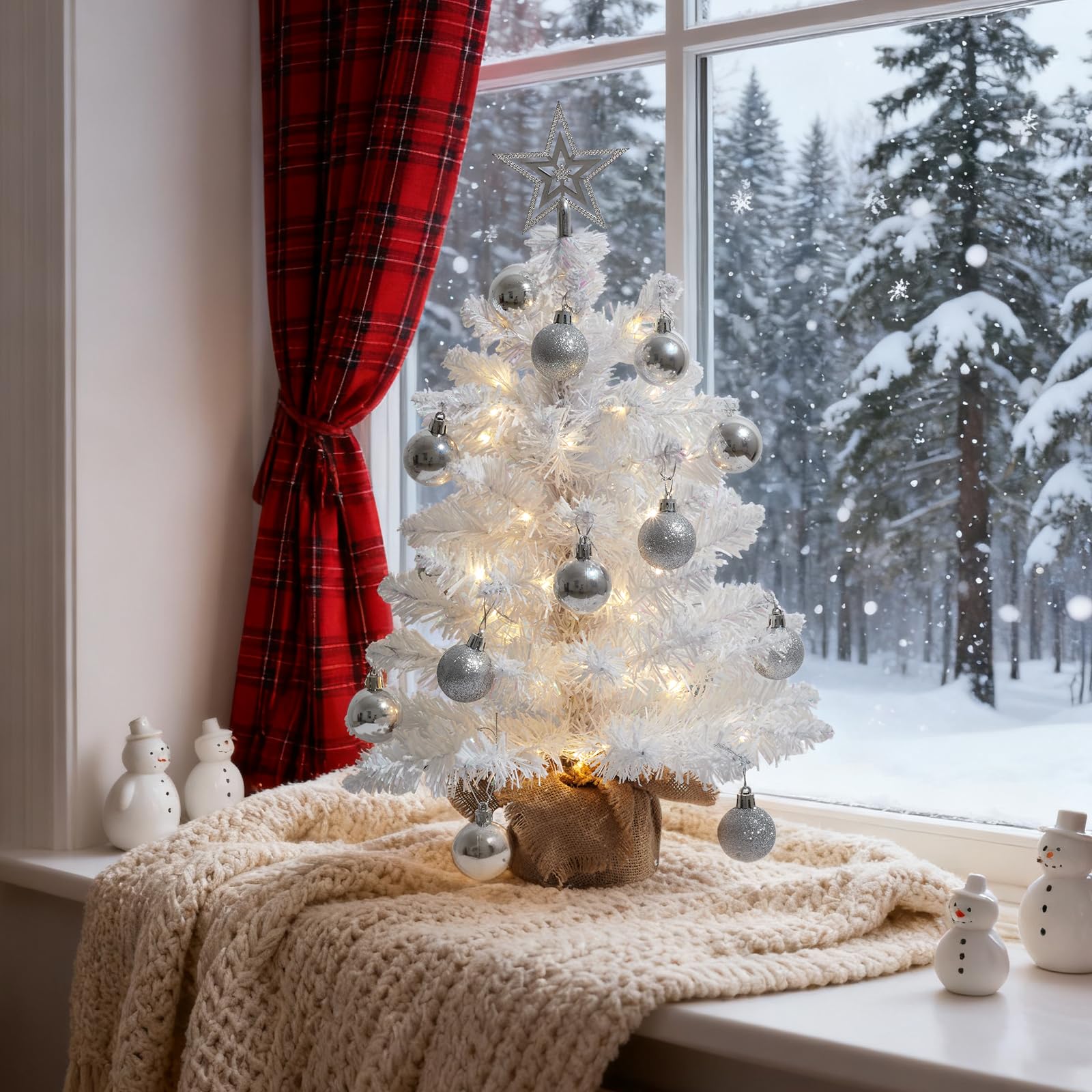 Tyynsst 20in Prelit Christmas Tree w/Warm White Lights, Small Flocked Artificial Christmas Tree, 50 Branch Tips, Ball & Star Orn