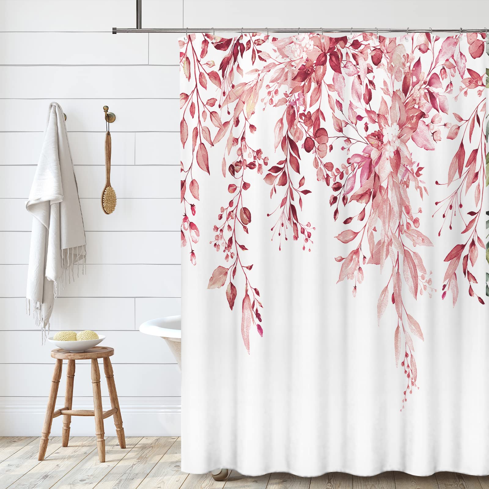 Tititex Pink Eucalyptus Shower Curtain Sets, Watercolor Blush Leaves On The Top Plant With Floral Bathroom Decoration 60X72 Inch