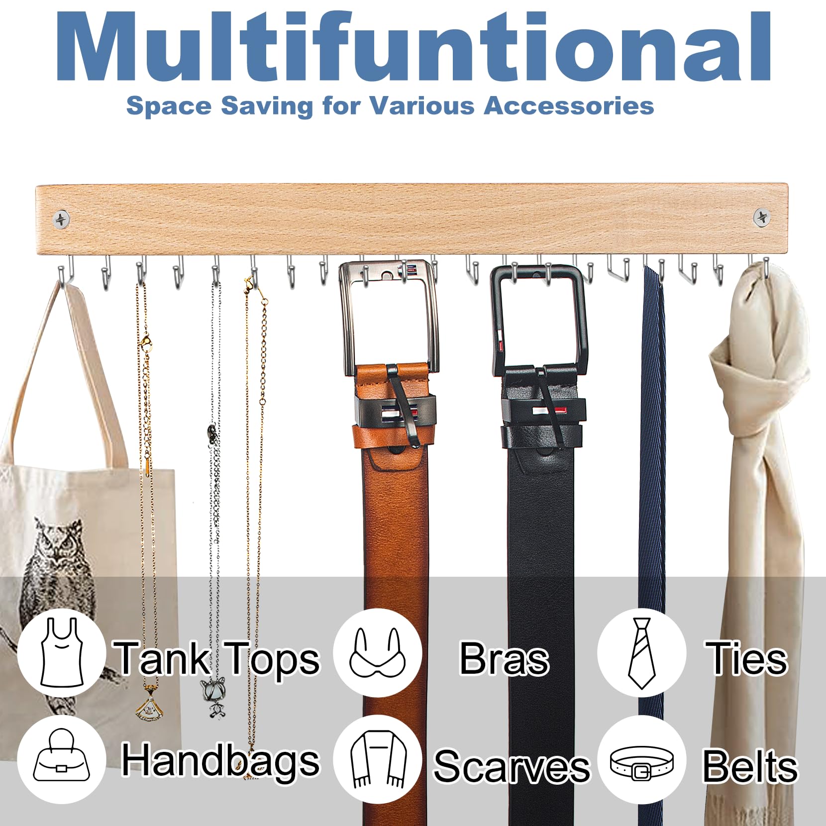 Tie Rack Wall Mounted, Natrual Wood Tie Organizer Holds 20 Ties/Belt/Purse, Tie And Belt Organizer W/ 360 Roatable Hooks,Screw N
