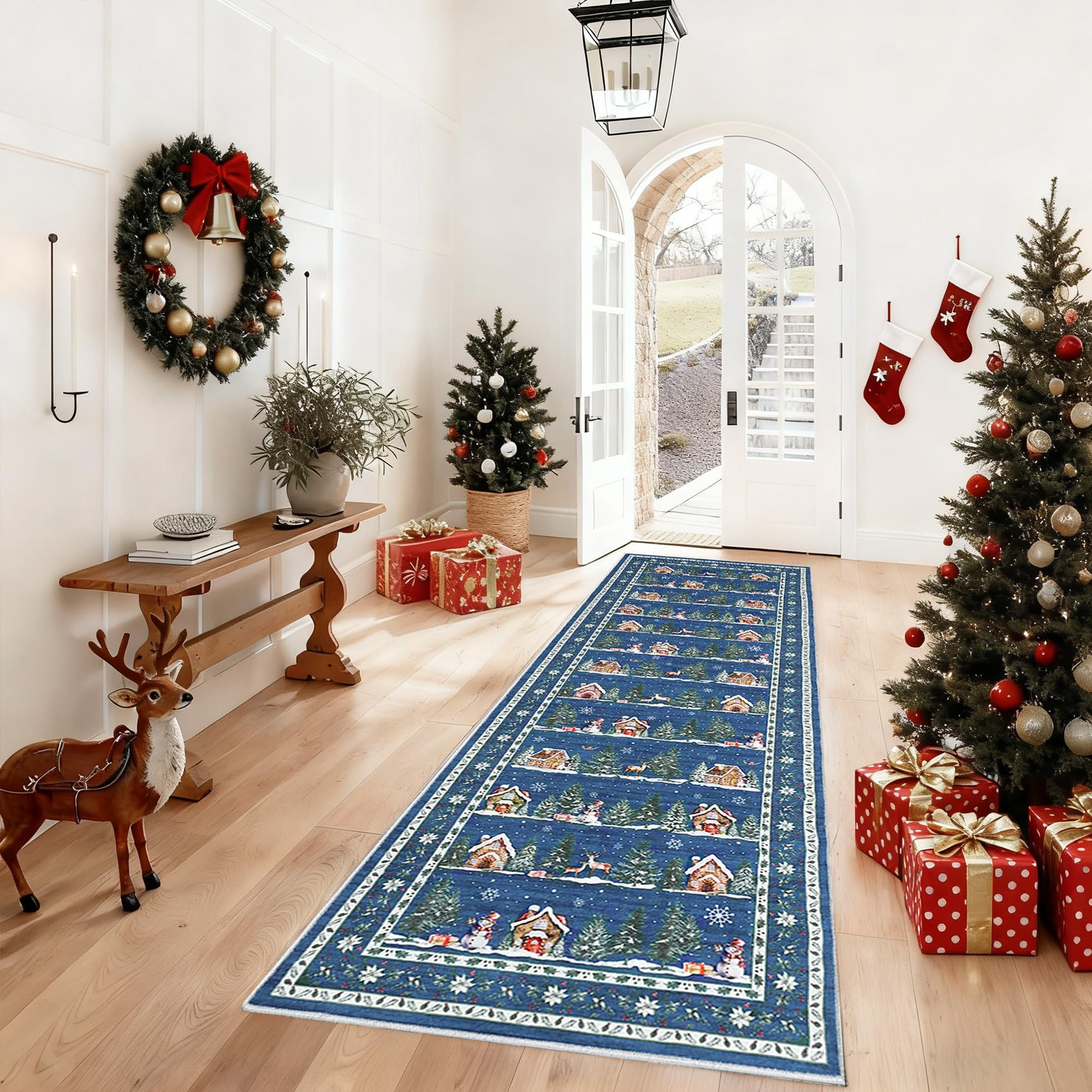 GarveeHome Christmas Rugs Runner for Hallways 2x8 Machine Washable Non Slip Backing Stain Resistant Christmas Tree Animals Print