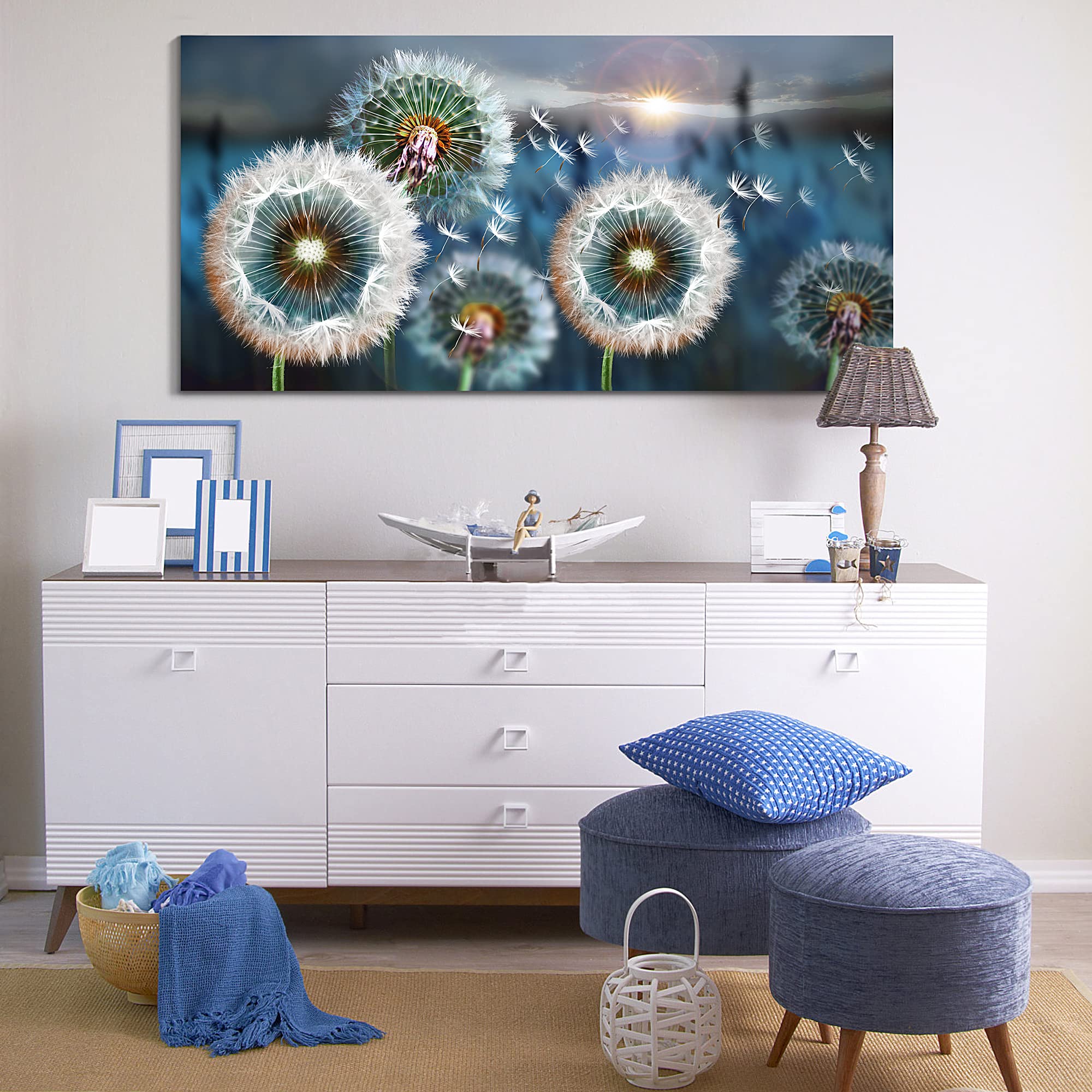 Large Wall Art Dandelion Theme Canvas Art Wall Decor For Living Room Abstract White Dandelion Sun Blue Landscape Prints Artwork