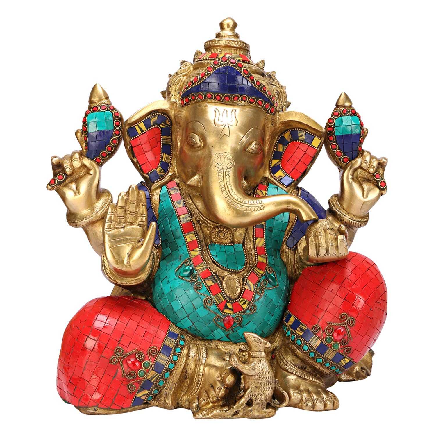 Artvarko Big Brass Ganesha Idol Big Ganesh Statue Murti God Ganpati With Multicolor Gemstone Handwork For Home Dcor Gifting (Hei