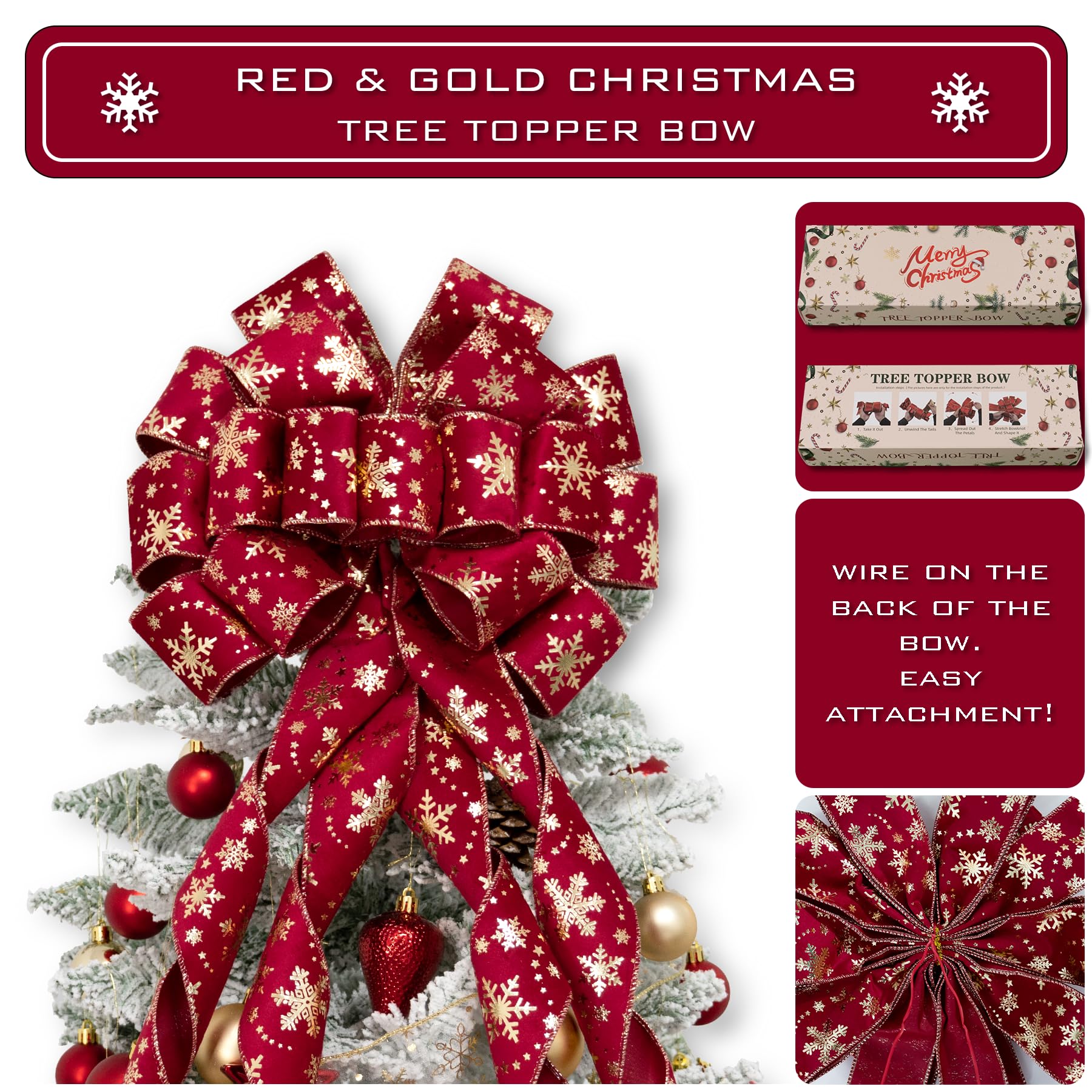 Hismir Christmas Tree Topper Bow, 53x13 Inches Large Christmas Velvet Topper Bow with Gold Snowflakes, Decorative Ribbon Bows fo