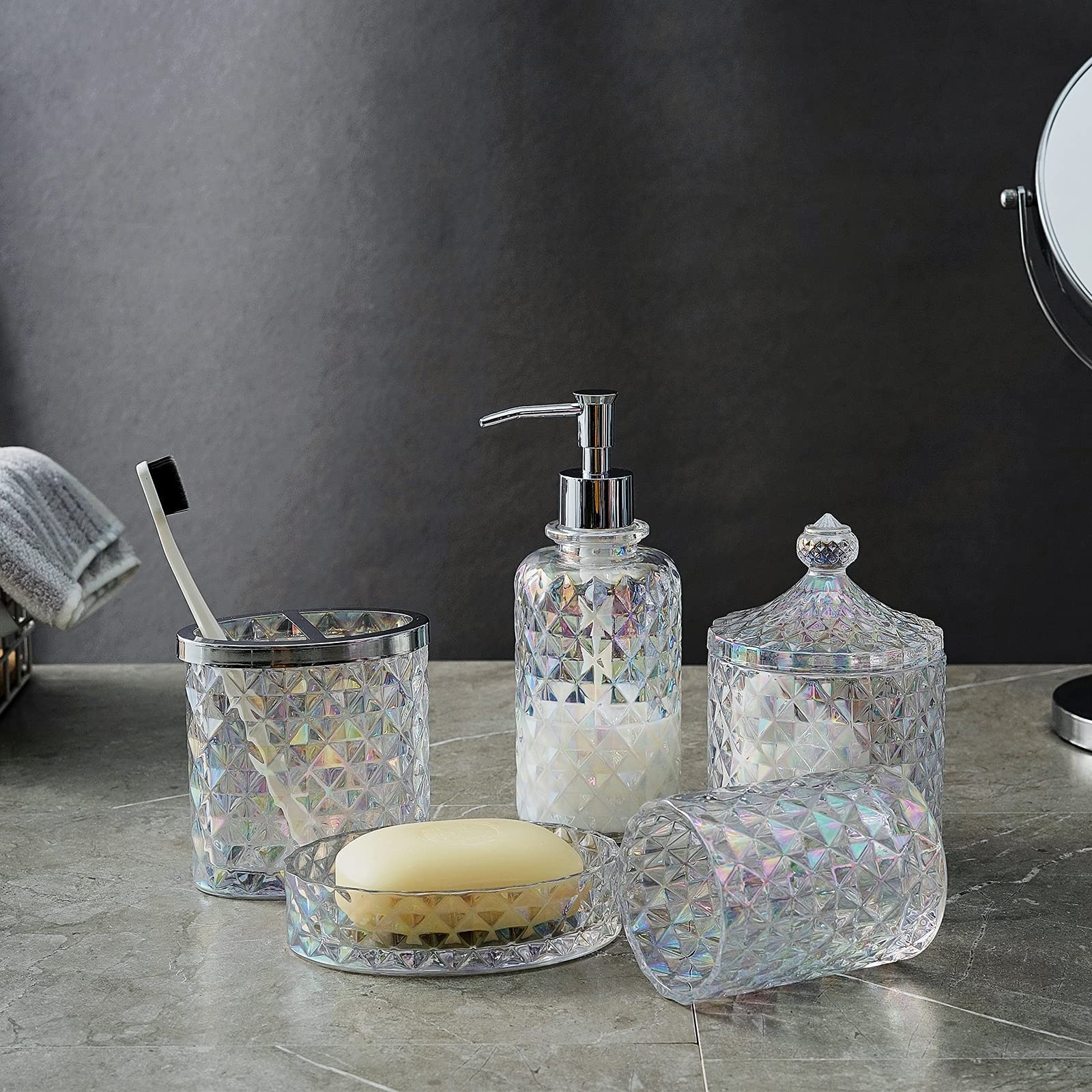 Set Of 5 Glass Bathroom Accessories Set Include Soap Dispenser & Tumbler & Soap Dish & Toothbrush Holder & Apothecary Jar(Luxuri