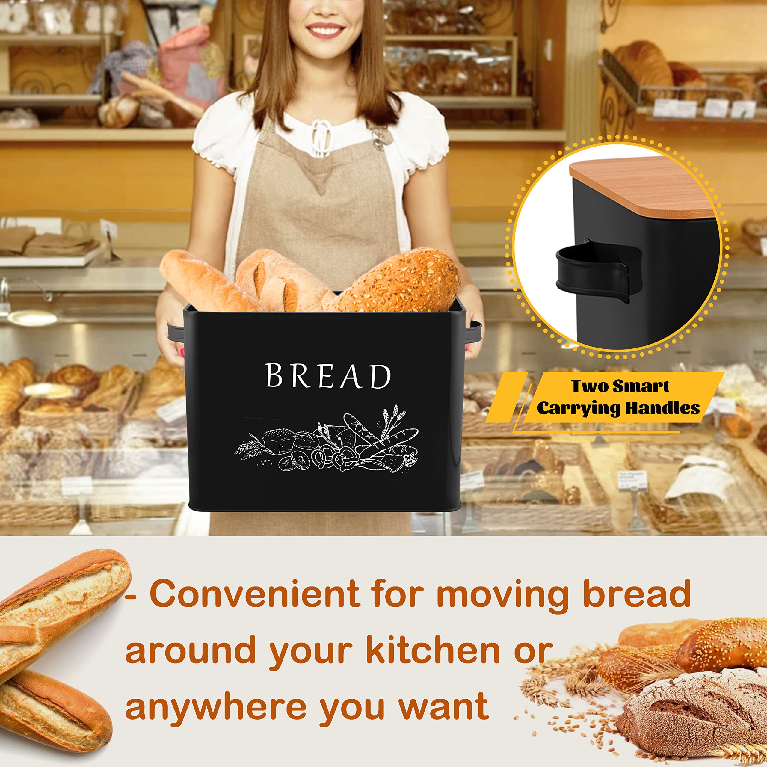 E-Far Bread Box For Kitchen Countertop, Metal Bread Storage Container Bin With Bamboo Lid For Cutting Bread, Extra Large & Farmh