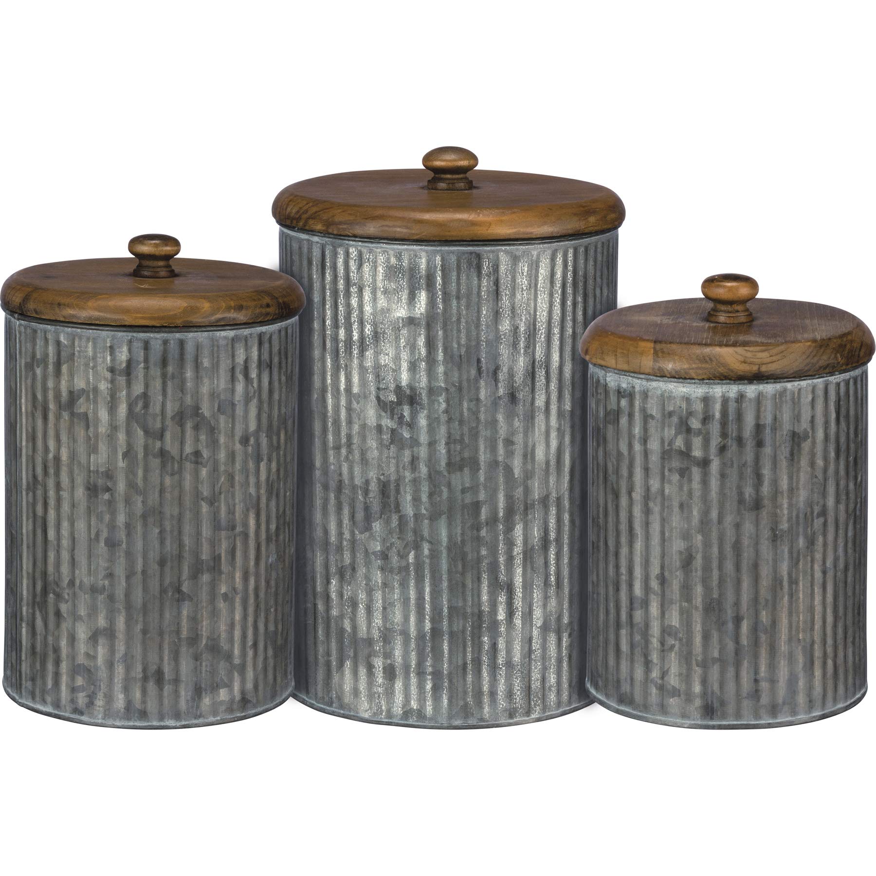 Primitives By Kathy Rustic Style Canisters, Set Of 3, Galvanized Metal And Wood
