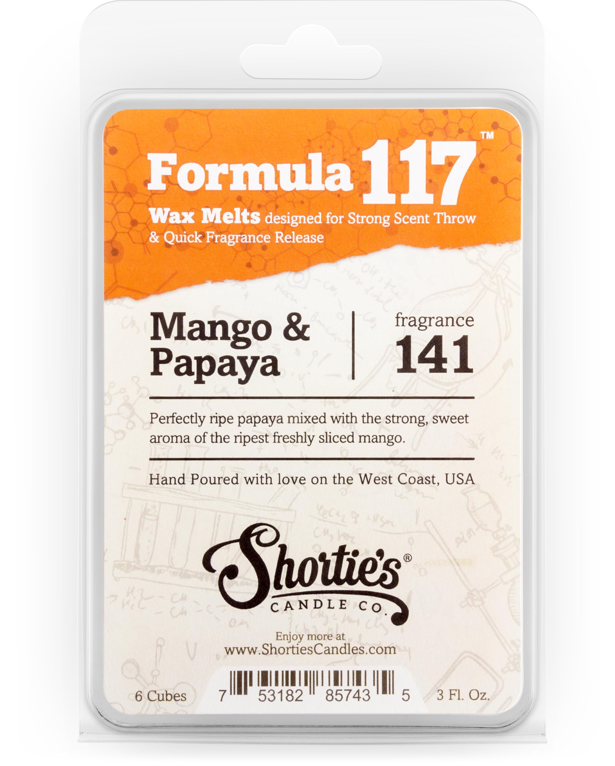 Shortie's Candle Company Mango & Papaya Wax Melts - Formula 117-1 Highly Scented 3 Oz. Bar - Made with Natural Oils - Fruit & Be