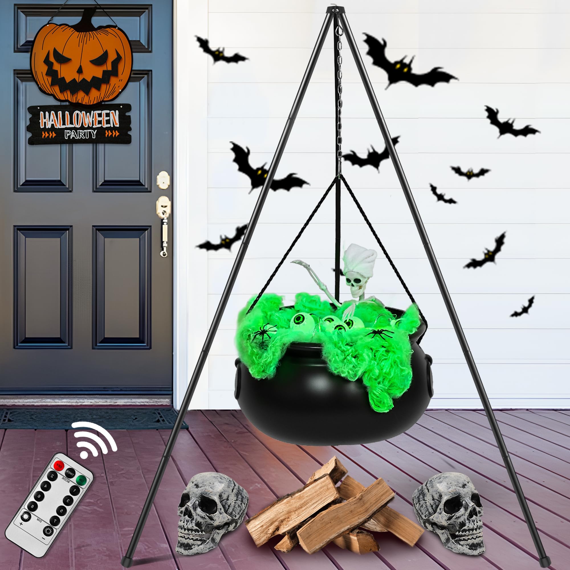 Halloween Decorations Outdoor Indoor,Large Witches Cauldron on 52 Tripod with String Lights, Skeleton and Eyeballs,Hocus Pocus D