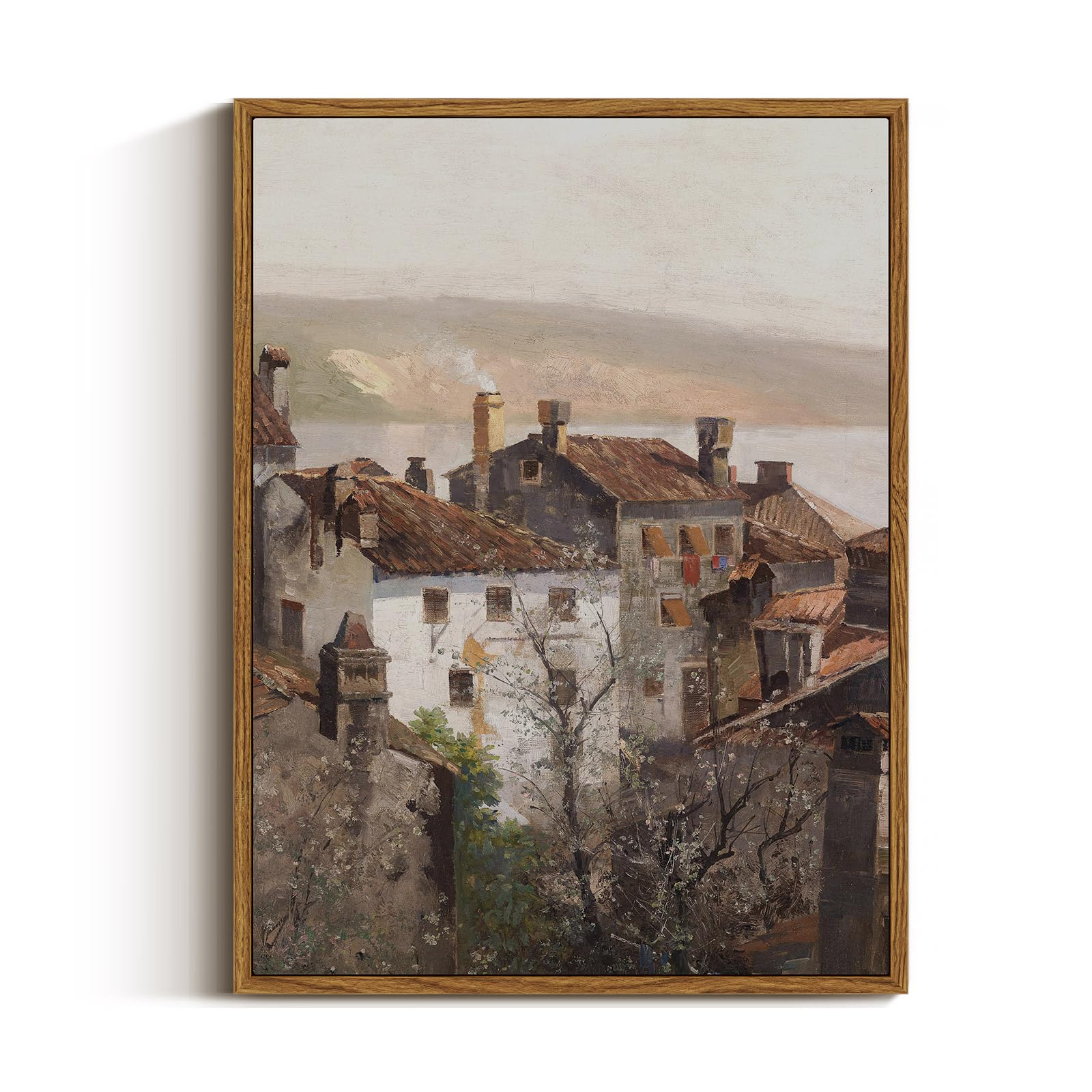 Viyyiea Vintage Framed Country Wall Art Decor, Living Room Bedroom Old Architecture Pictures Retro Wall Decor, Framed Canvas Pri