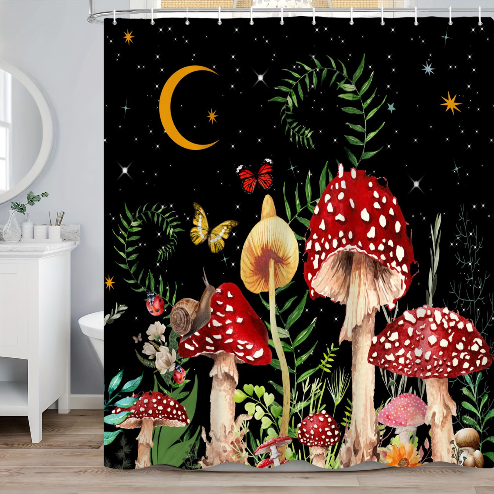 Renaiss 72X72 Inches Mushroom Boho Shower Curtain Retro Red Mushrooms Butterfly Botanical Wildflowers Green Plant Starry Night S