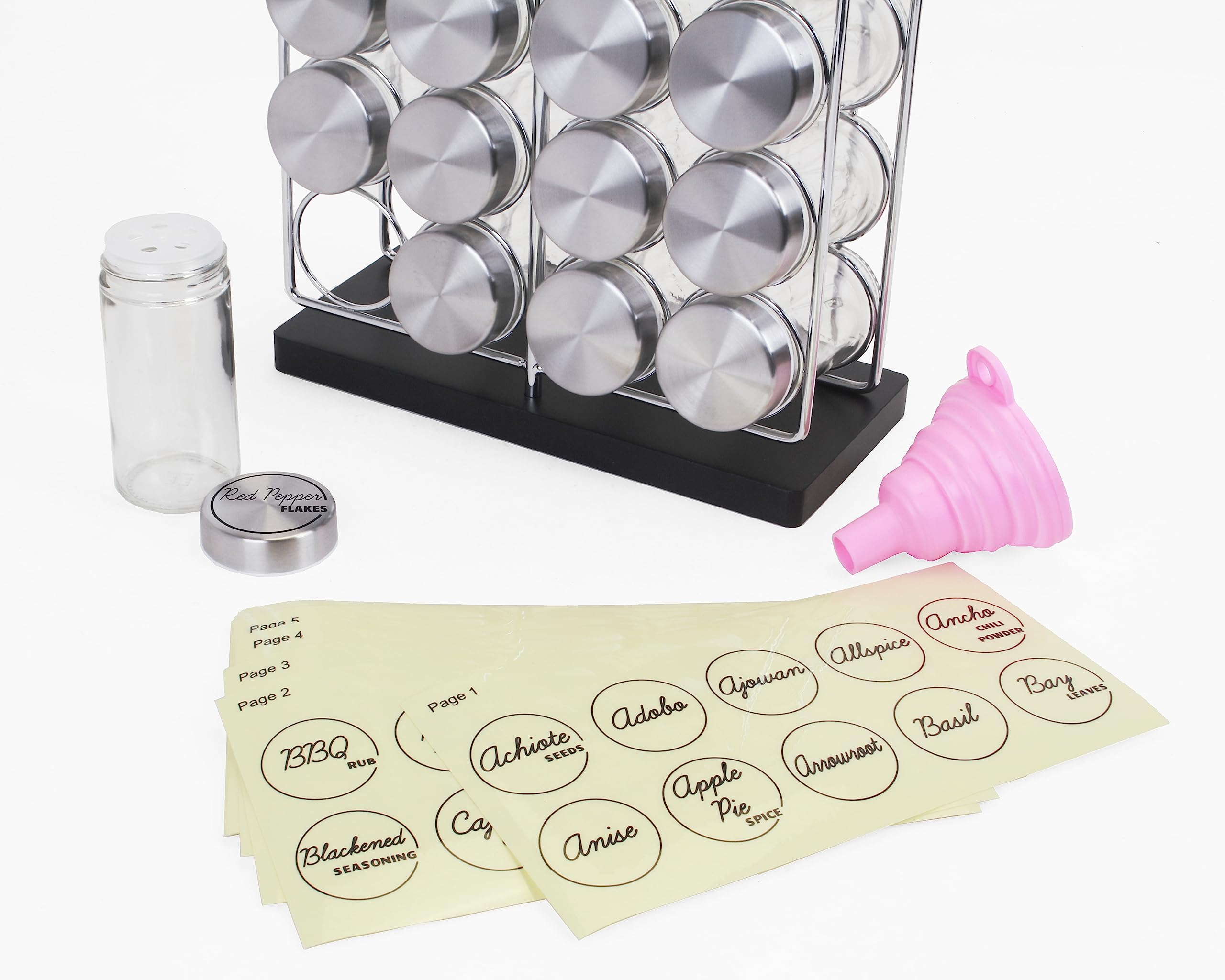 Orii 20 Jar Chrome Wire Spice Rack with Bamboo Base | Includes Silicone Funnel | 160 Preprinted + 20 Blank Spice Labels Included