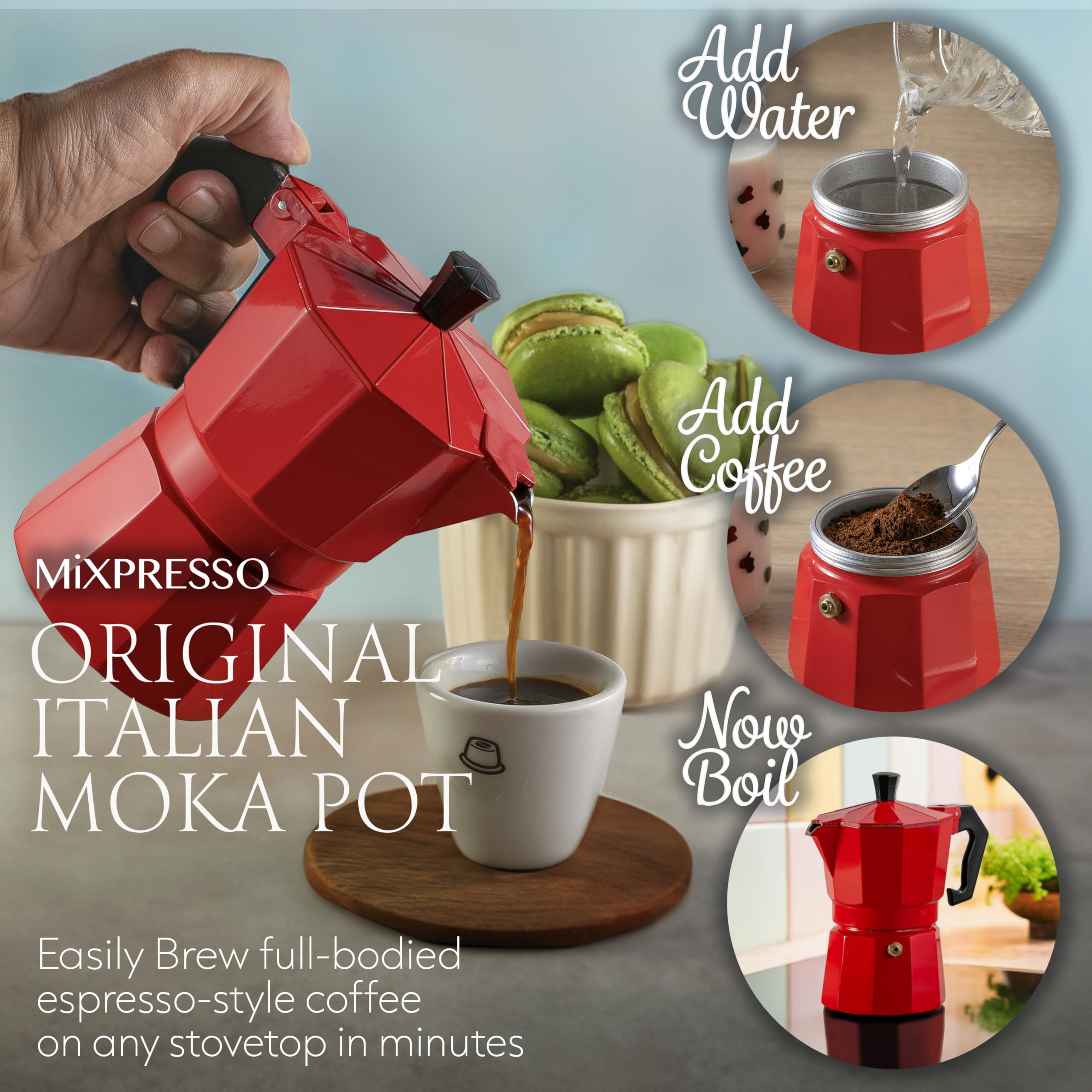 Mixpresso Aluminum Moka Stove Coffee Maker, Red Moka Pot Coffee Maker For Gas & Electric Stove Top, Classic Italian Coffee Maker