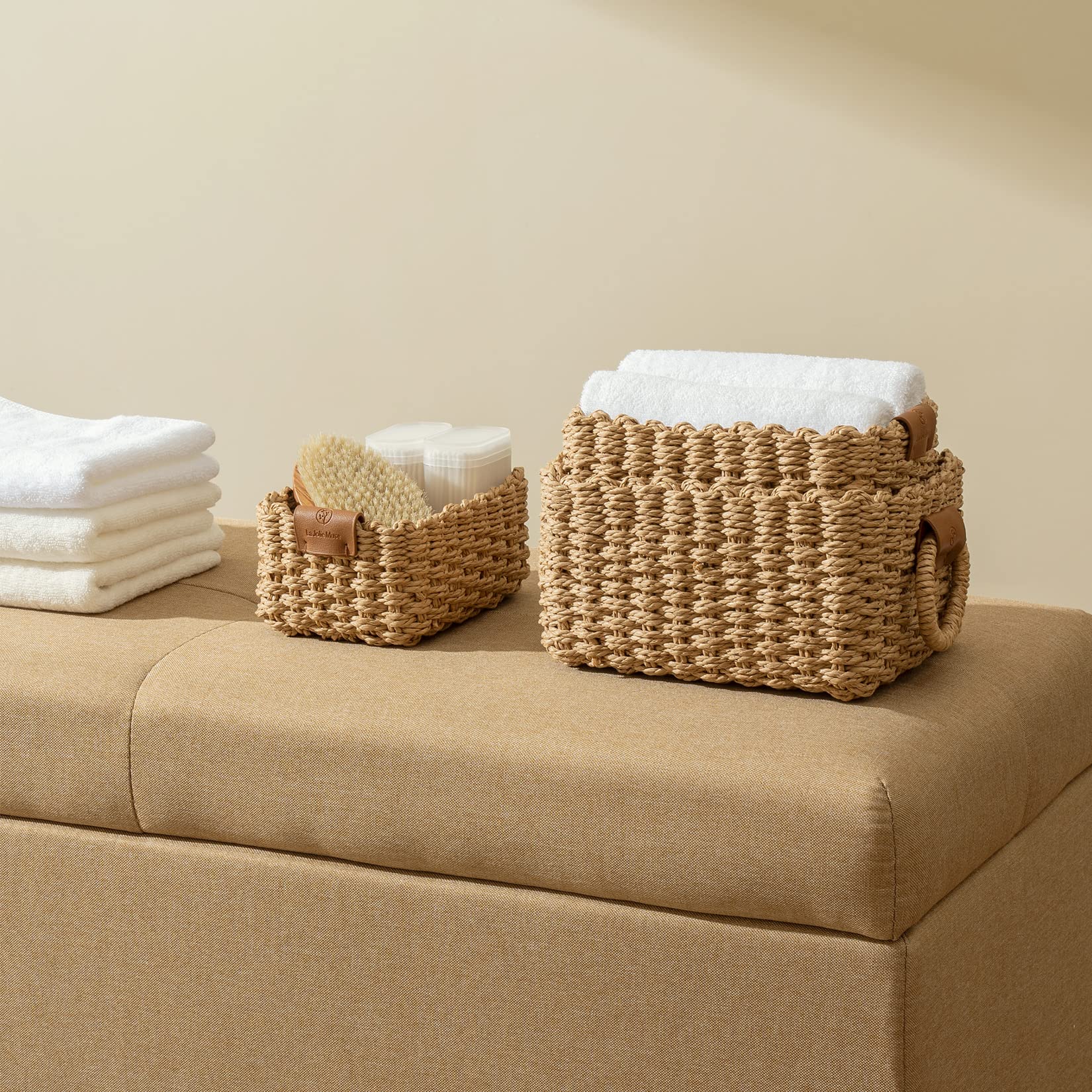 LA JOLIE MUSE Small Wicker Baskets for Organizing  Bathroom Basket with Handle  Recycled Paper Rope Storage Basket for Shelves Bathroom cupboards Drawer  Decorative Square Basket Organizer Set of 3