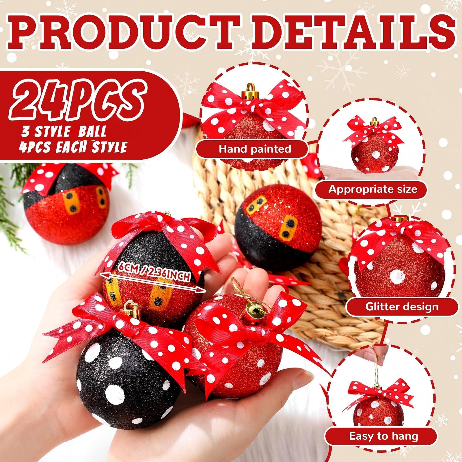 Suncalla 24 Pcs 2.4 Inch Christmas Glitter Ball Ornaments Mouse Plastic Ball with Dot Bow Tree Ornaments Cartoon Mouse Balls Red