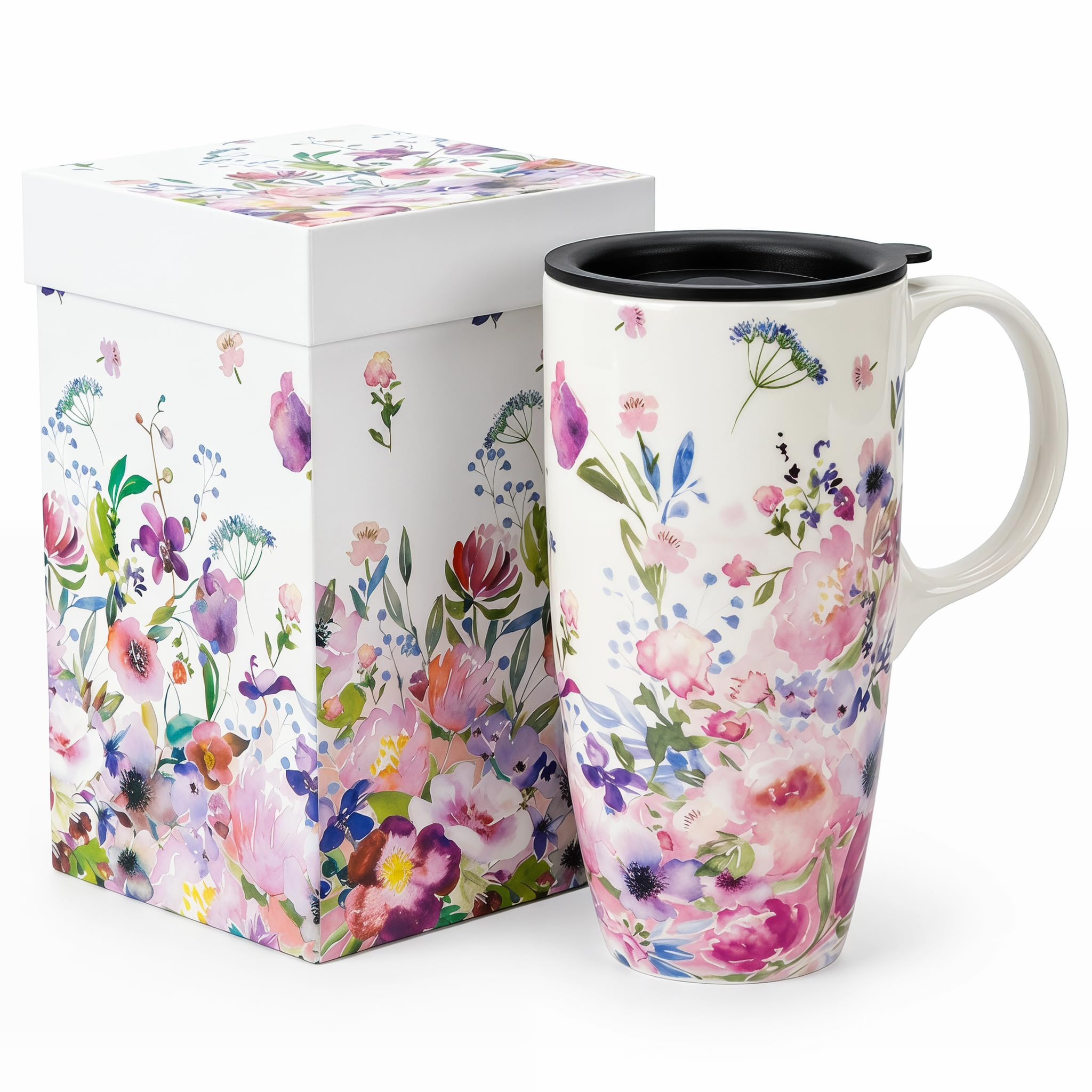 Topadorn 17oz Ceramic Travel Mug with Lid, Watercolor Floral Coffee Mug