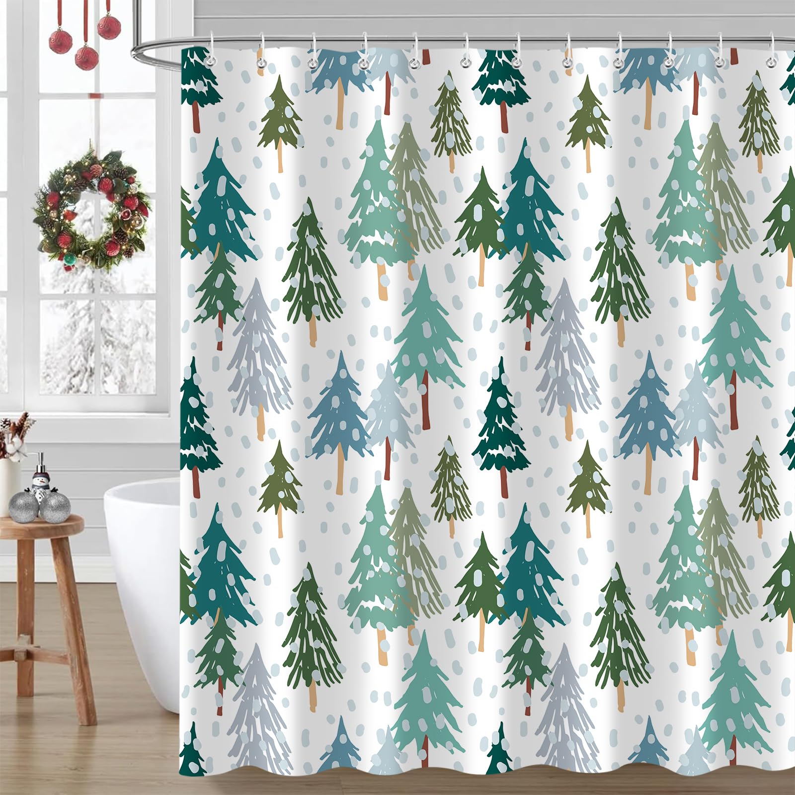Paopoed Christmas Tree Shower Curtain, Green Pine Tree Winter Xmas Tree Snow Forest Nature Scene Holiday New Year Bathroom Decor