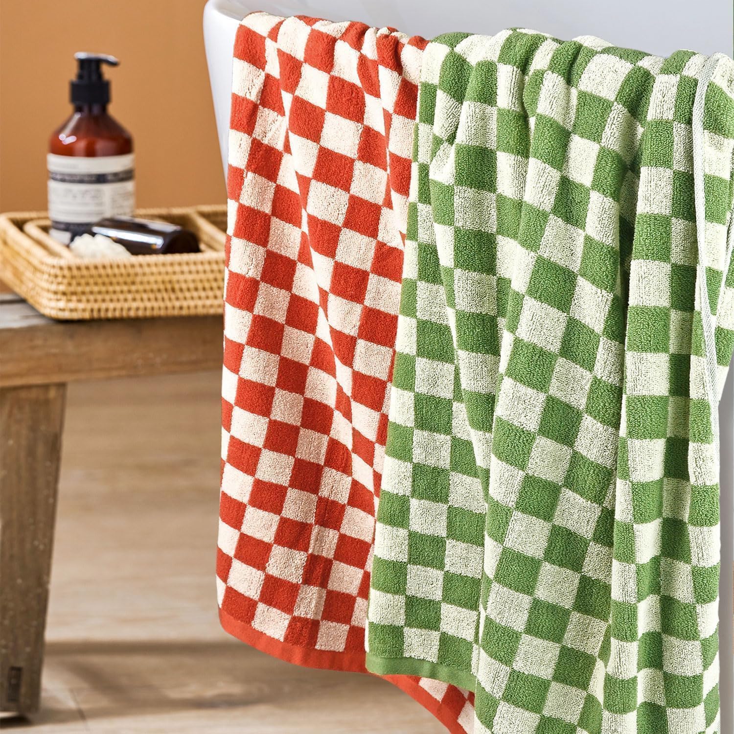 Checkered Bath Towels For Bathroom, 2 Pack Shower Towels 55'' X 27.5'', Super Soft And Quick Dry (Orange + Green), Colorful For