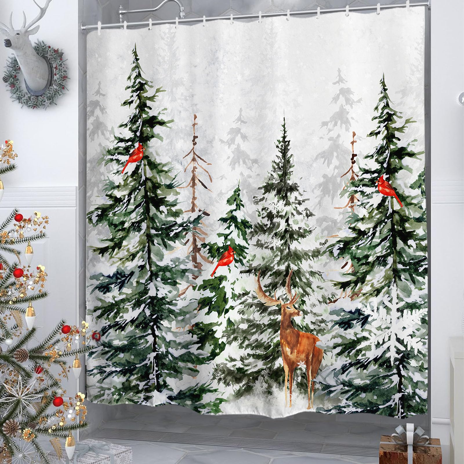 Baccessor Winter Christmas Snowy Forest Shower Curtain Pine Tree Cardinal Deer Snowflake Shower Curtain 72X72 Inch Xmas Holiday