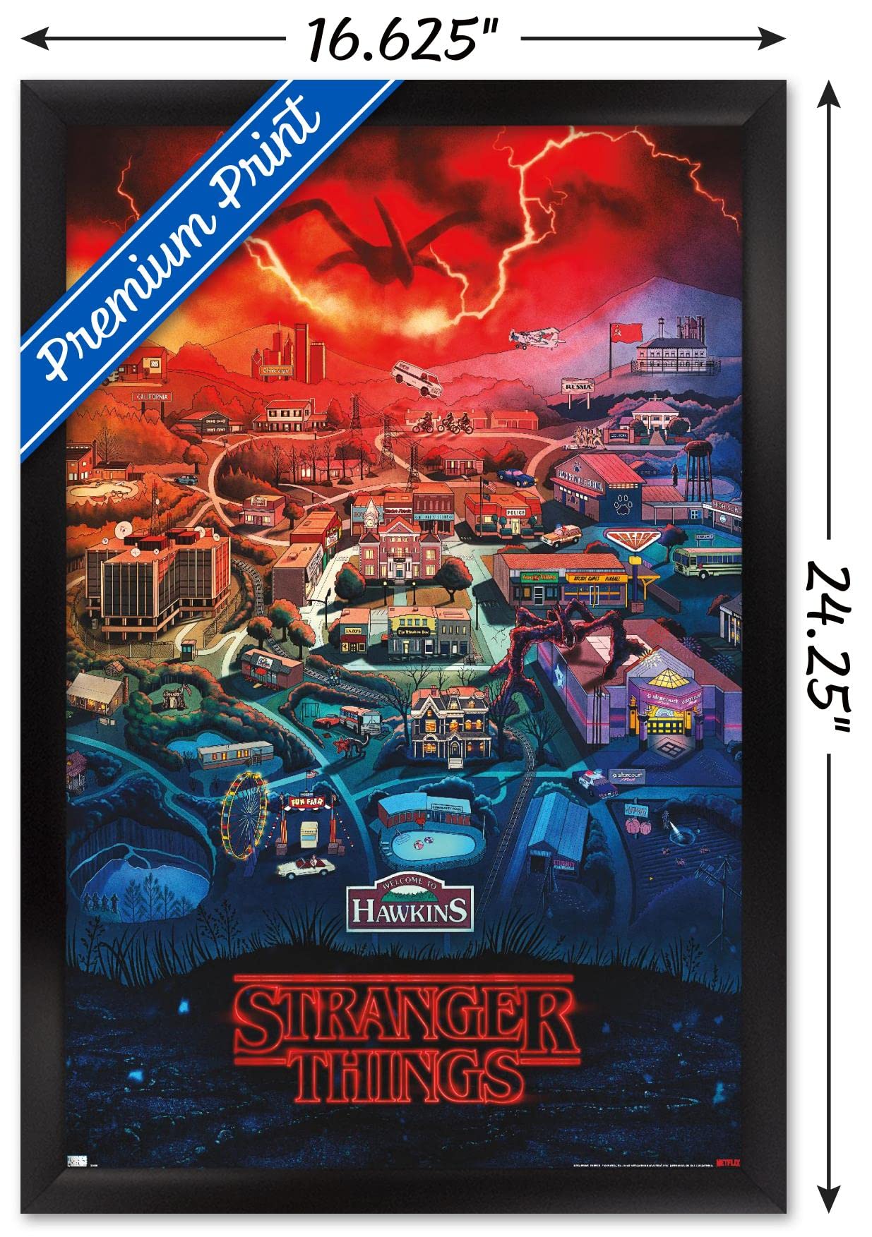 Trends International Netflix Stranger Things: Season 4 - Hawkins, Indiana Wall Poster, 14.725'' X 22.375'', Black Framed Version