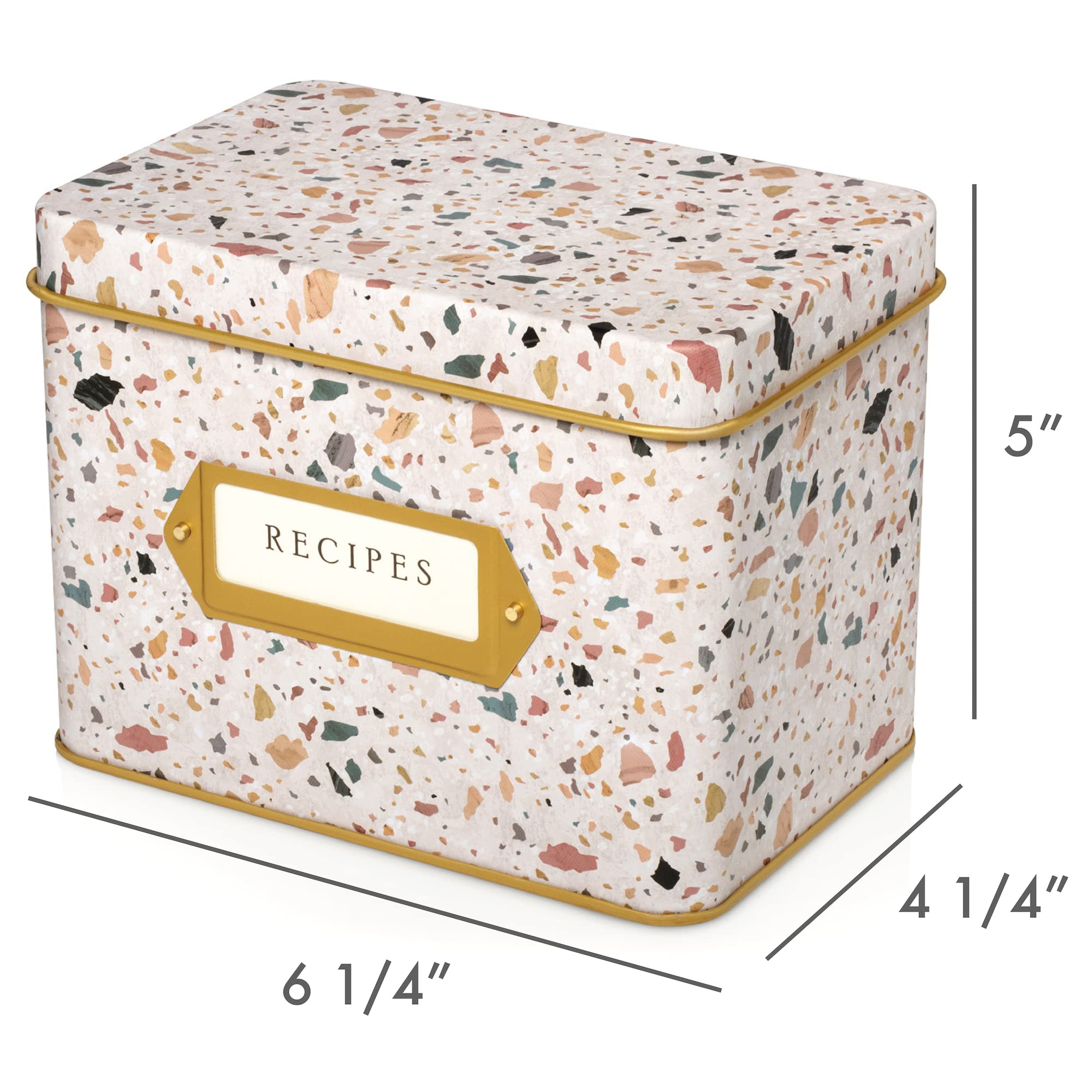 Jot & Mark Decorative Recipe Tin Box For Recipe Cards, Greeting Card Holder | Holds Hundreds Of 4    X 6    Cards (Terrazzo)