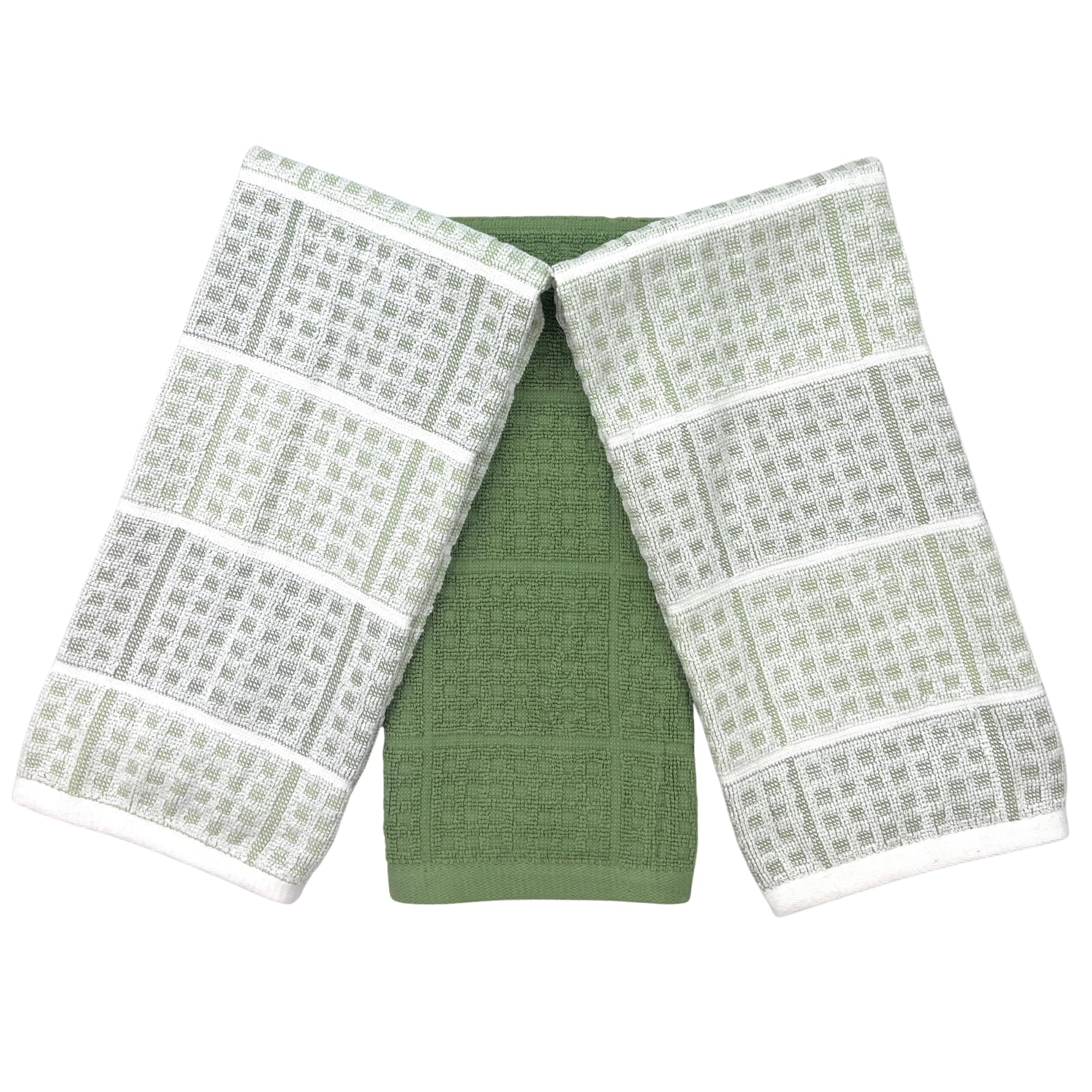 Sage Green Kitchen Dish Towels - Set of 3 100% Cotton Cloth Soft Cleaning Drying Absorbent Textured Waffle & Checkered Weave - O