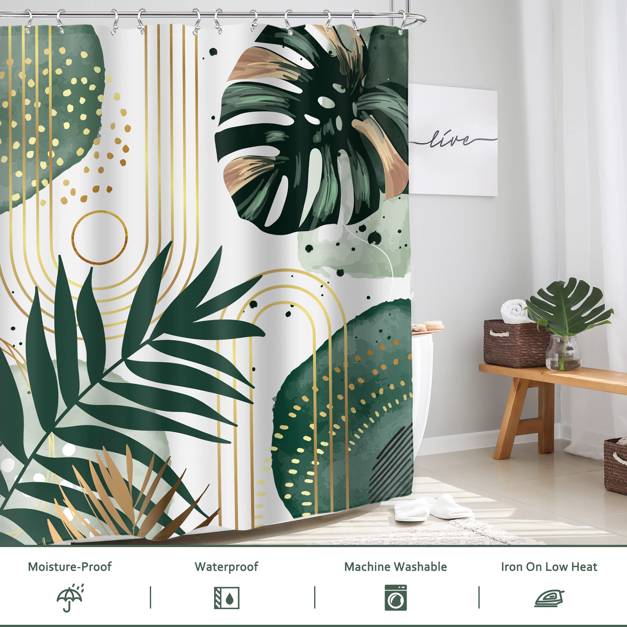 Glawry Abstract Tropical Leaves Shower Curtain Boho Green Gold Palm Leaf Monstera Botanical Minimalist Bathroom Modern Aesthetic