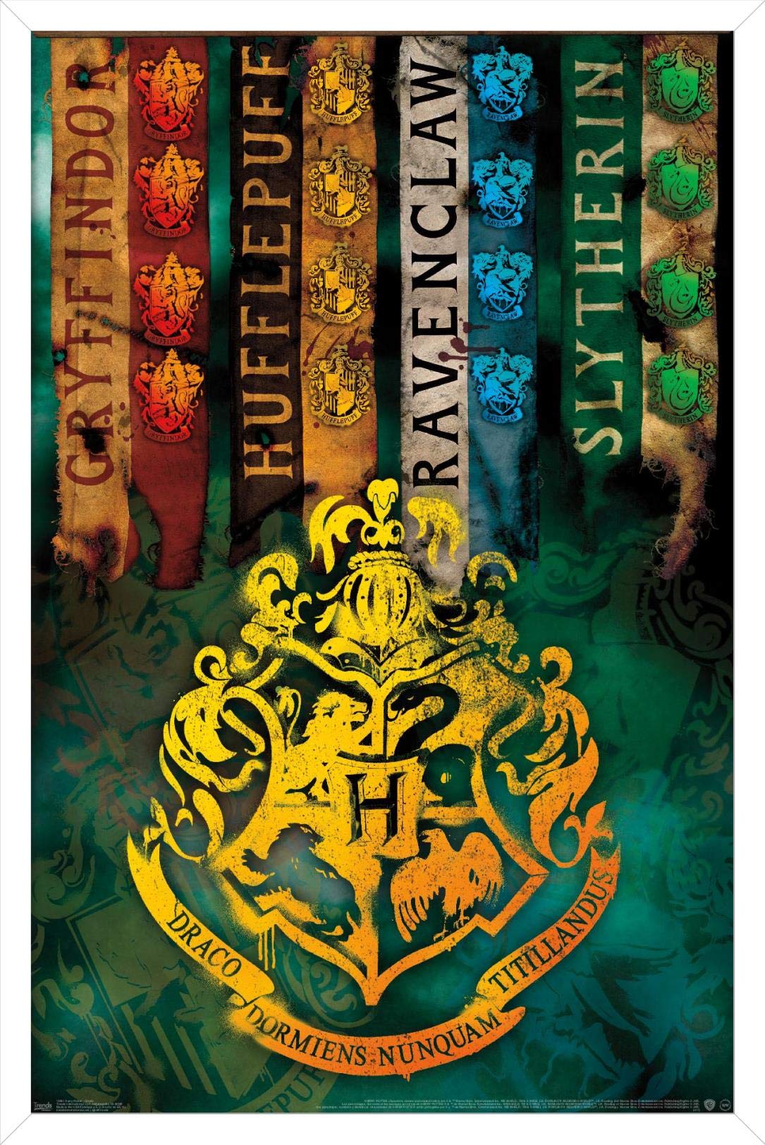 Trends International The Wizarding World: Harry Potter - House Crests Wall Poster, 14.725'' X 22.375'', White Framed Version